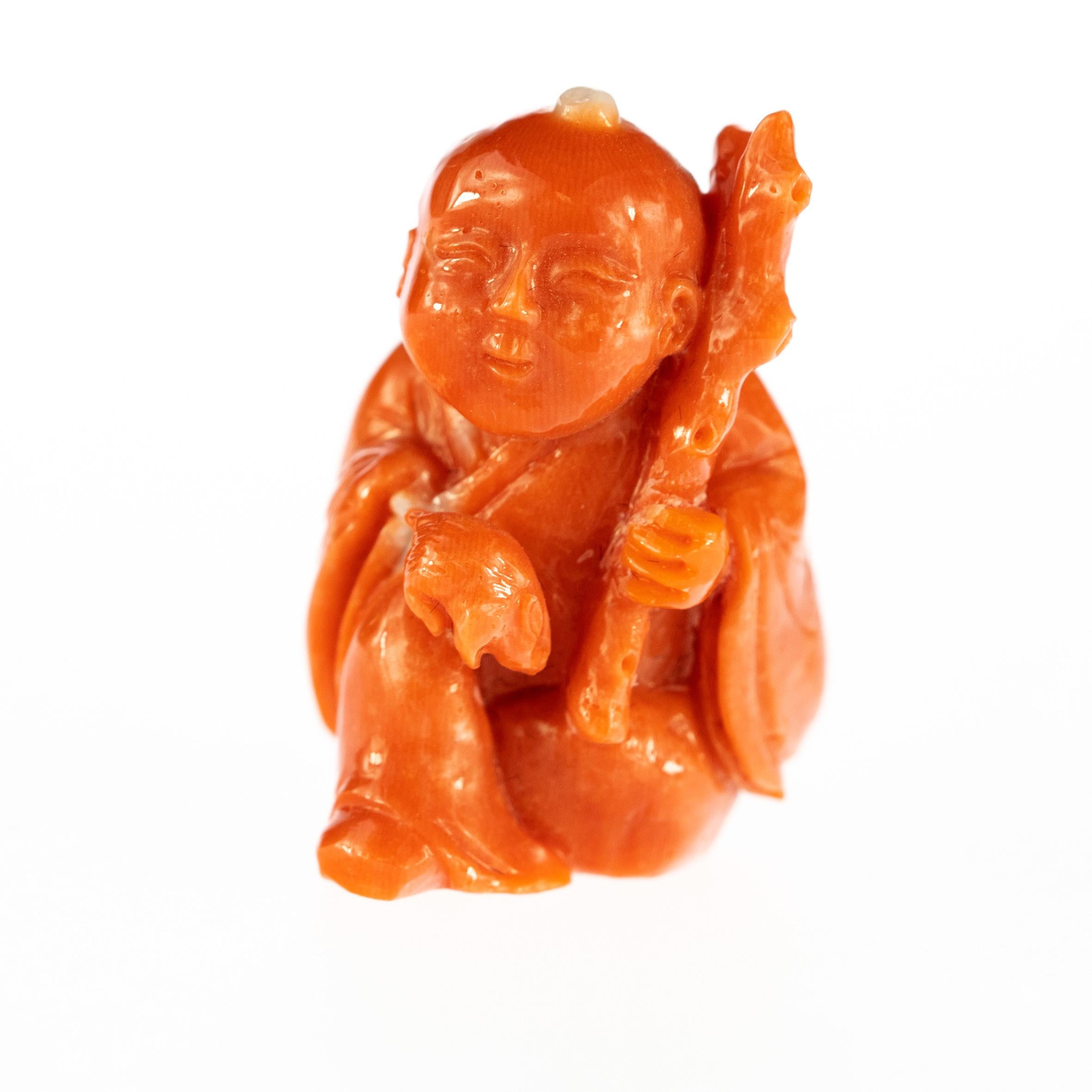 Taiwanese Chinese Red Coral Peasant Hand Carved Asian Art Taiwan Statue Sculpture For Sale