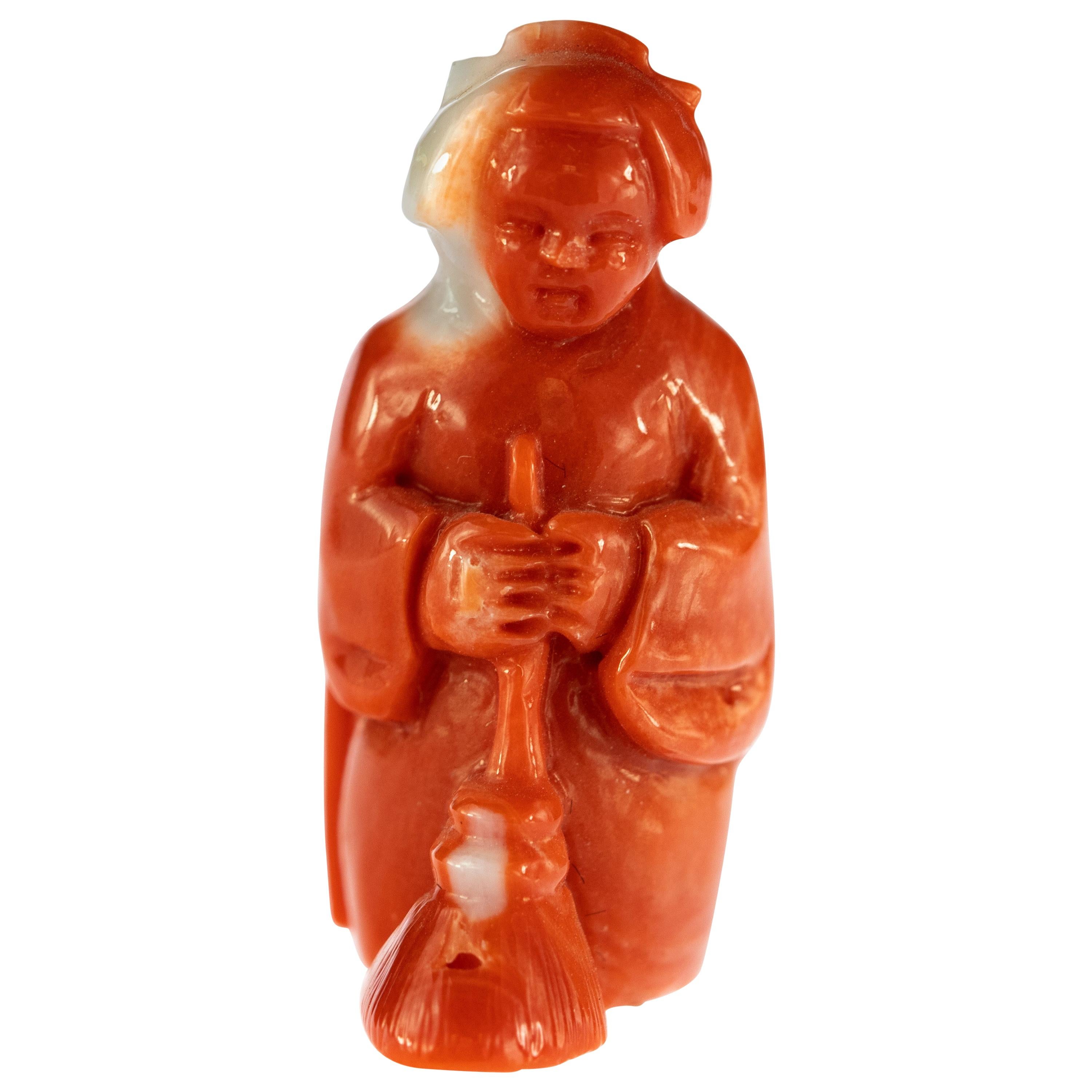 Chinese Red Coral Peasant Hand Carved Asian Art Taiwan Statue Sculpture For Sale