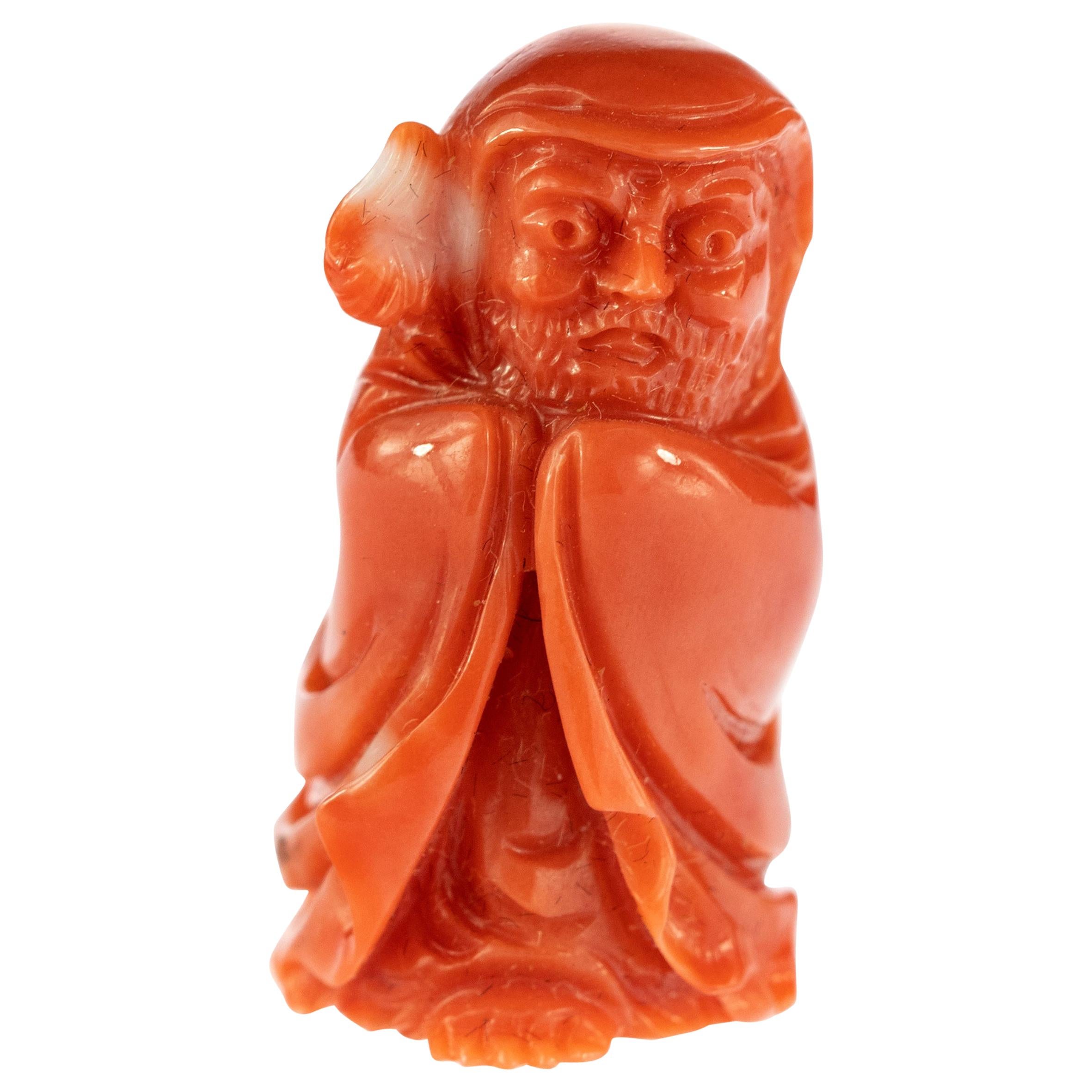 Chinese Red Coral Peasant Hand Carved Asian Art Taiwan Statue Sculpture For Sale