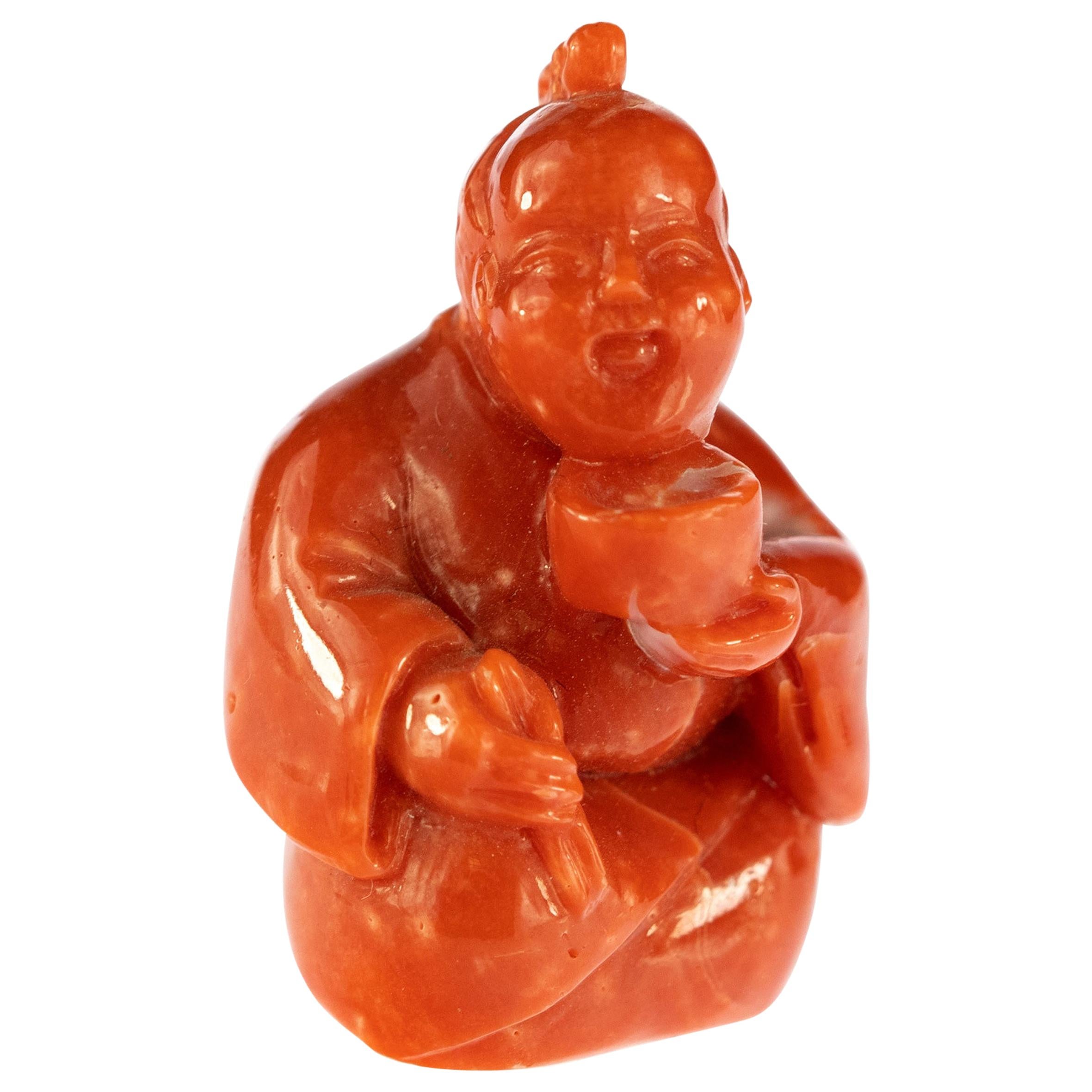 Chinese Red Coral Peasant Hand Carved Asian Art Taiwan Statue Sculpture For Sale