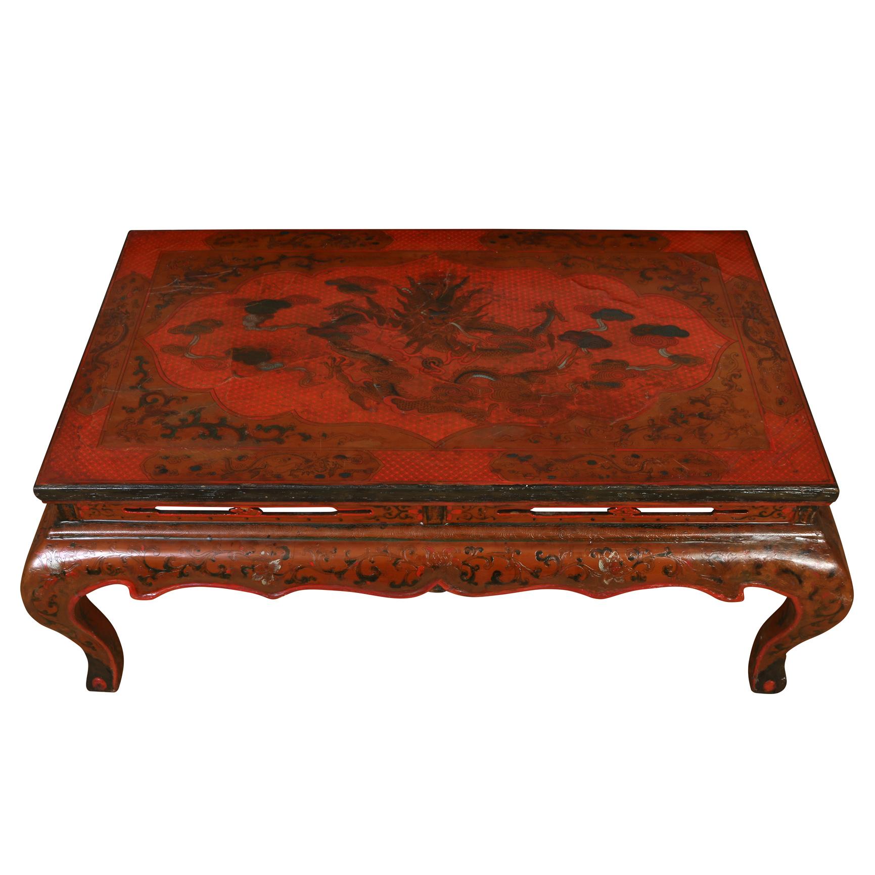 Chinese Red Dragon Motif Coromandel Lacquer Coffee Table In Good Condition For Sale In Locust Valley, NY