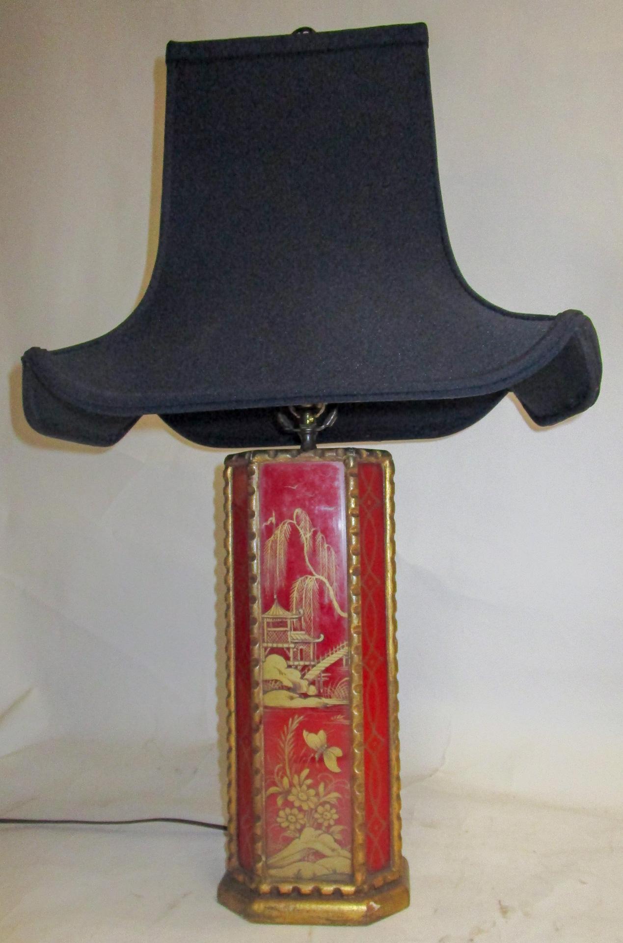 Chinese Red Egolmise Table Lamp with Gold Asian Motif and Pagoda Shade 3