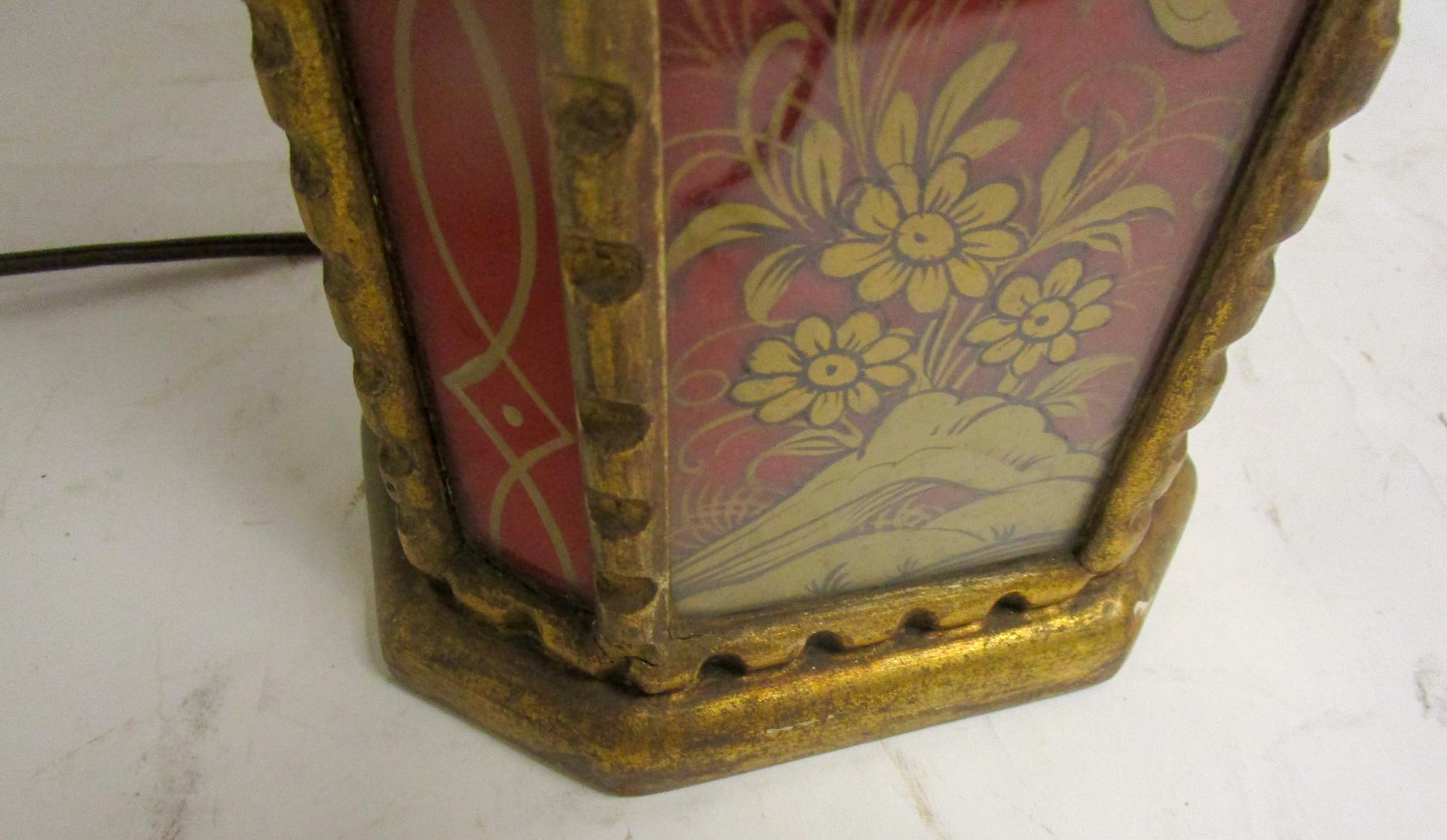 Chinese Red Egolmise Table Lamp with Gold Asian Motif and Pagoda Shade 4
