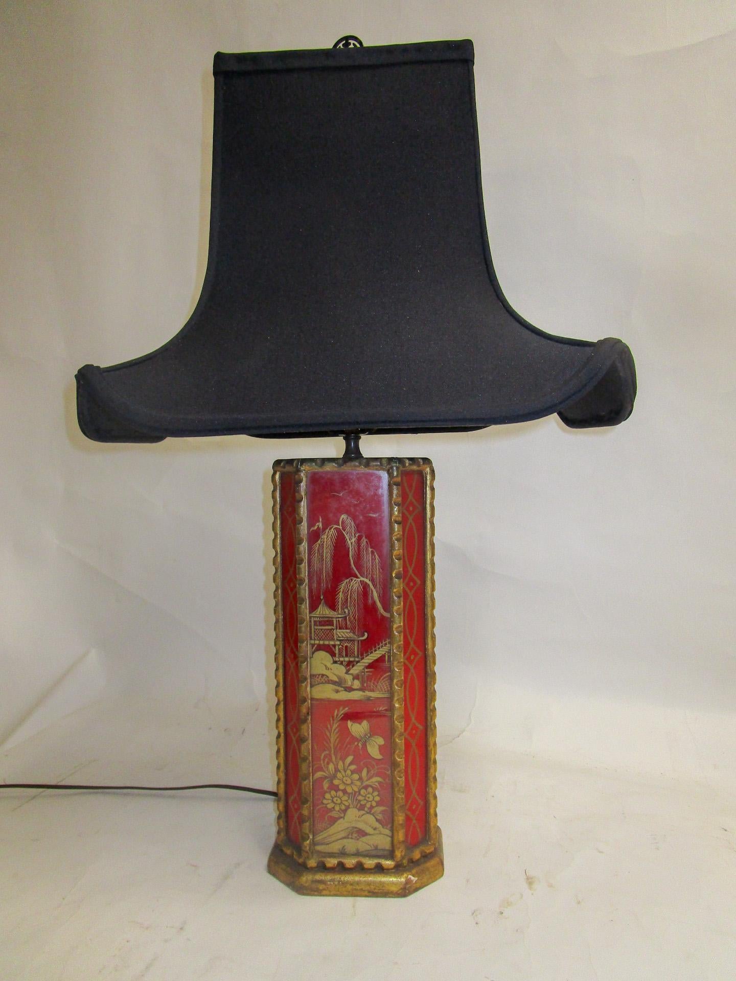 Chinese Red Egolmise Table Lamp with Gold Asian Motif and Pagoda Shade 6