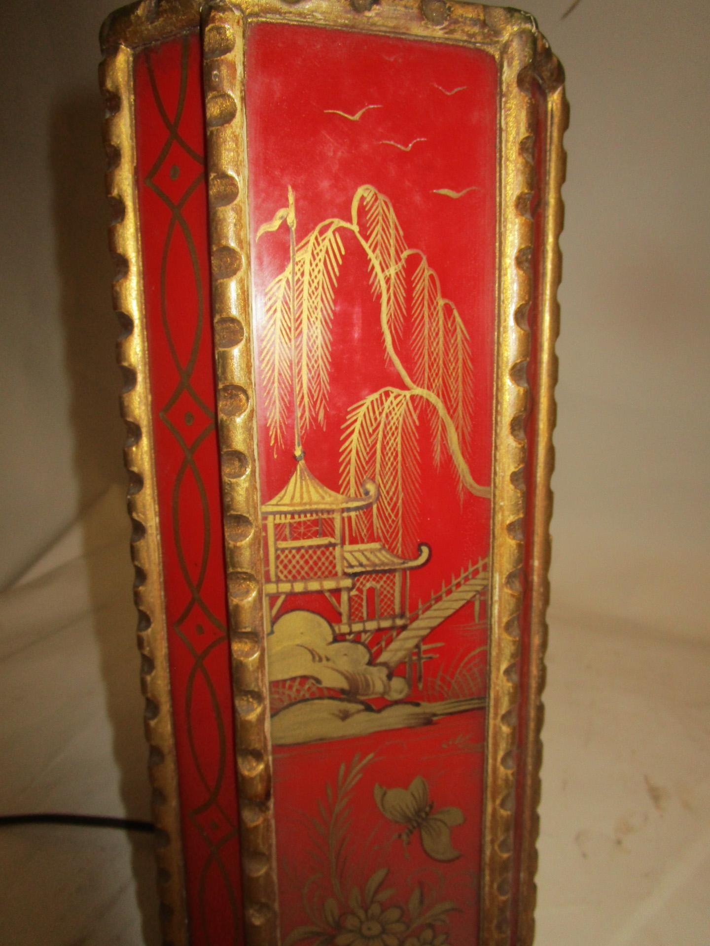 Chinoiserie Chinese Red Egolmise Table Lamp with Gold Asian Motif and Pagoda Shade