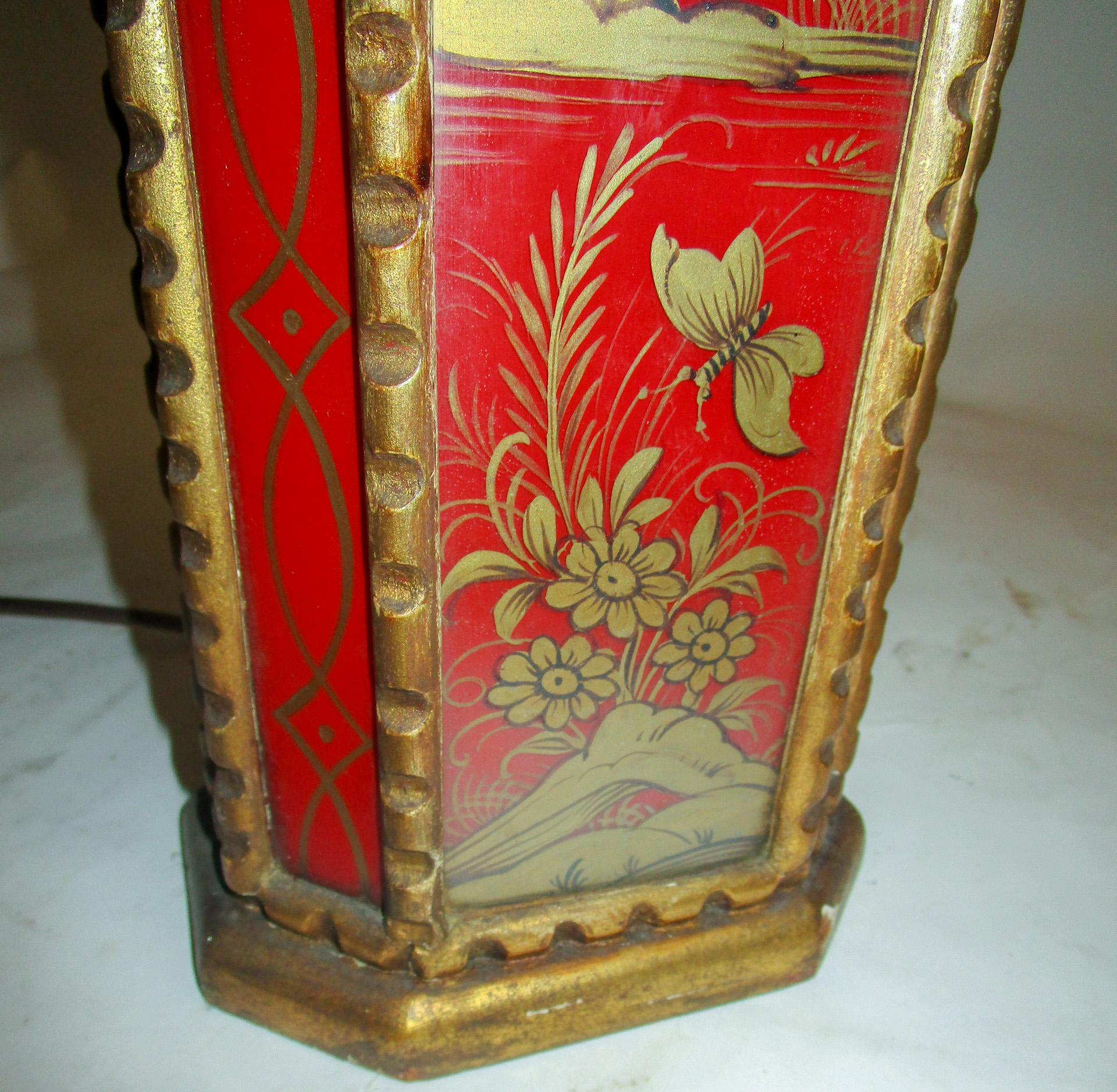 Painted Chinese Red Egolmise Table Lamp with Gold Asian Motif and Pagoda Shade