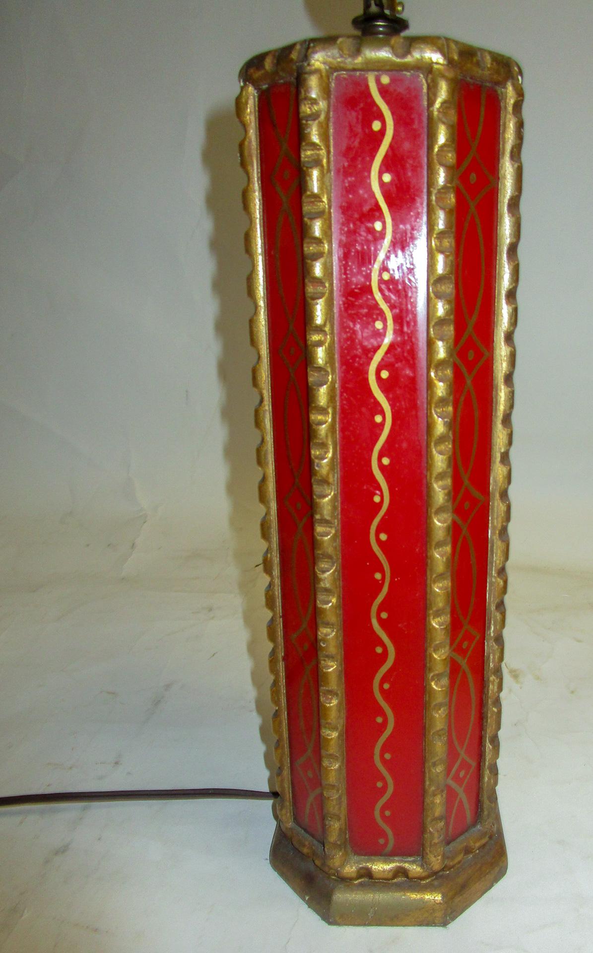 Chinese Red Egolmise Table Lamp with Gold Asian Motif and Pagoda Shade In Good Condition In Savannah, GA