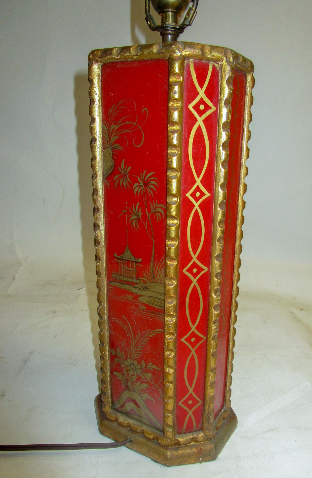 Early 20th Century Chinese Red Egolmise Table Lamp with Gold Asian Motif and Pagoda Shade