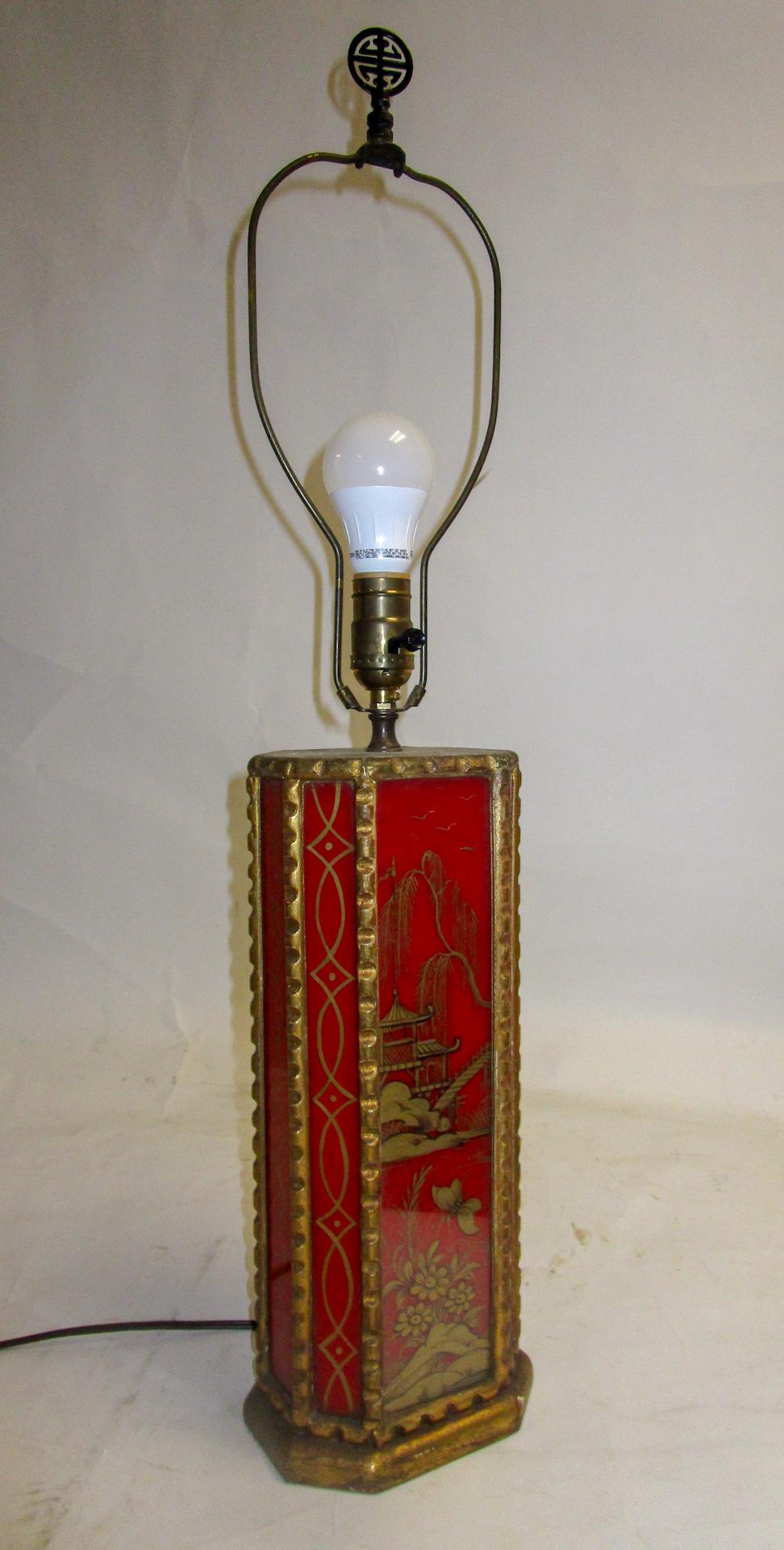 Glass Chinese Red Egolmise Table Lamp with Gold Asian Motif and Pagoda Shade