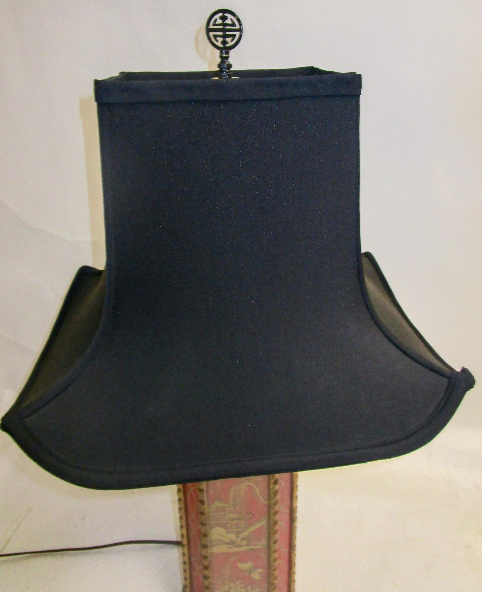Chinese Red Egolmise Table Lamp with Gold Asian Motif and Pagoda Shade 2
