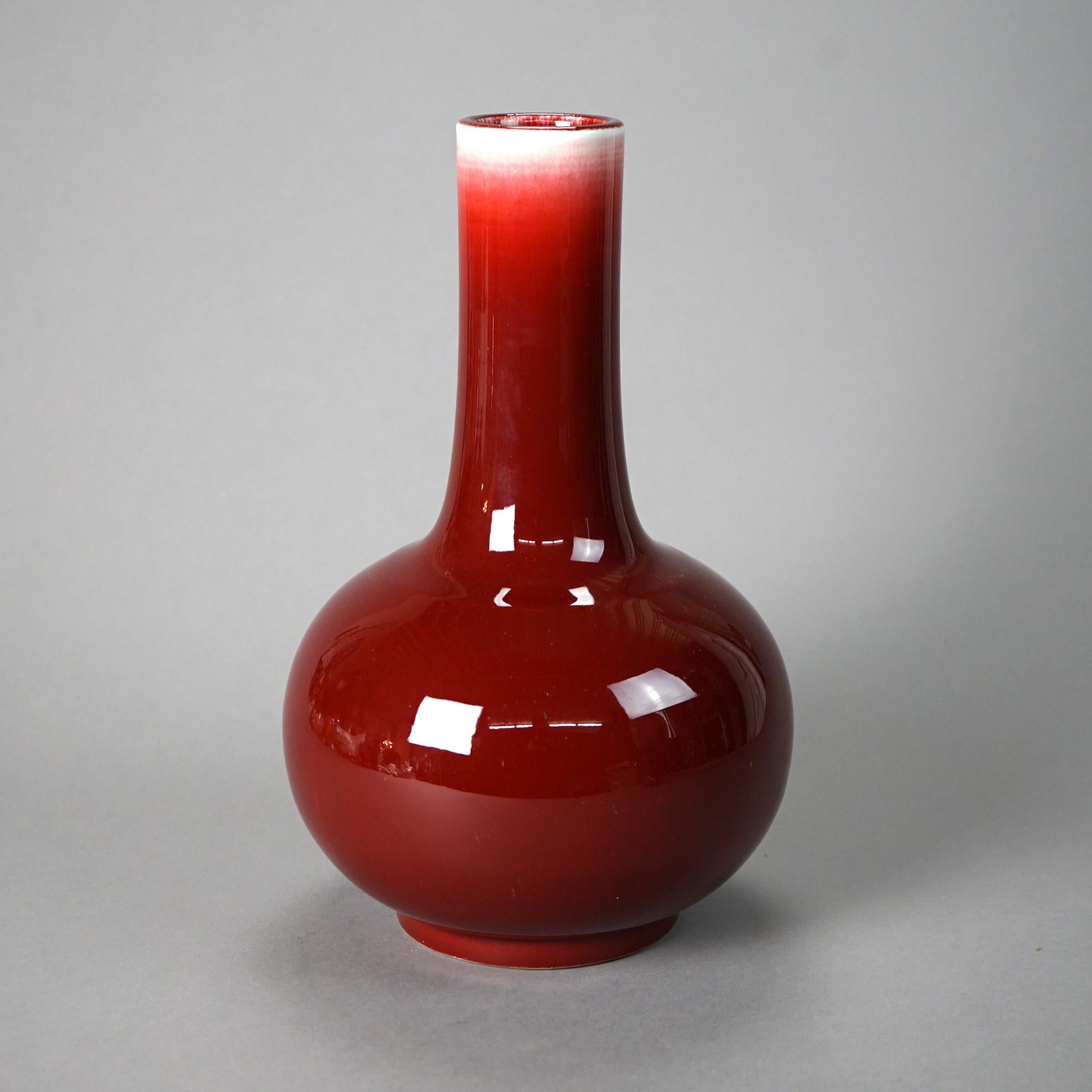 Asian Chinese Red Flambé Pottery Bottle Vase, Signed, 20th C For Sale