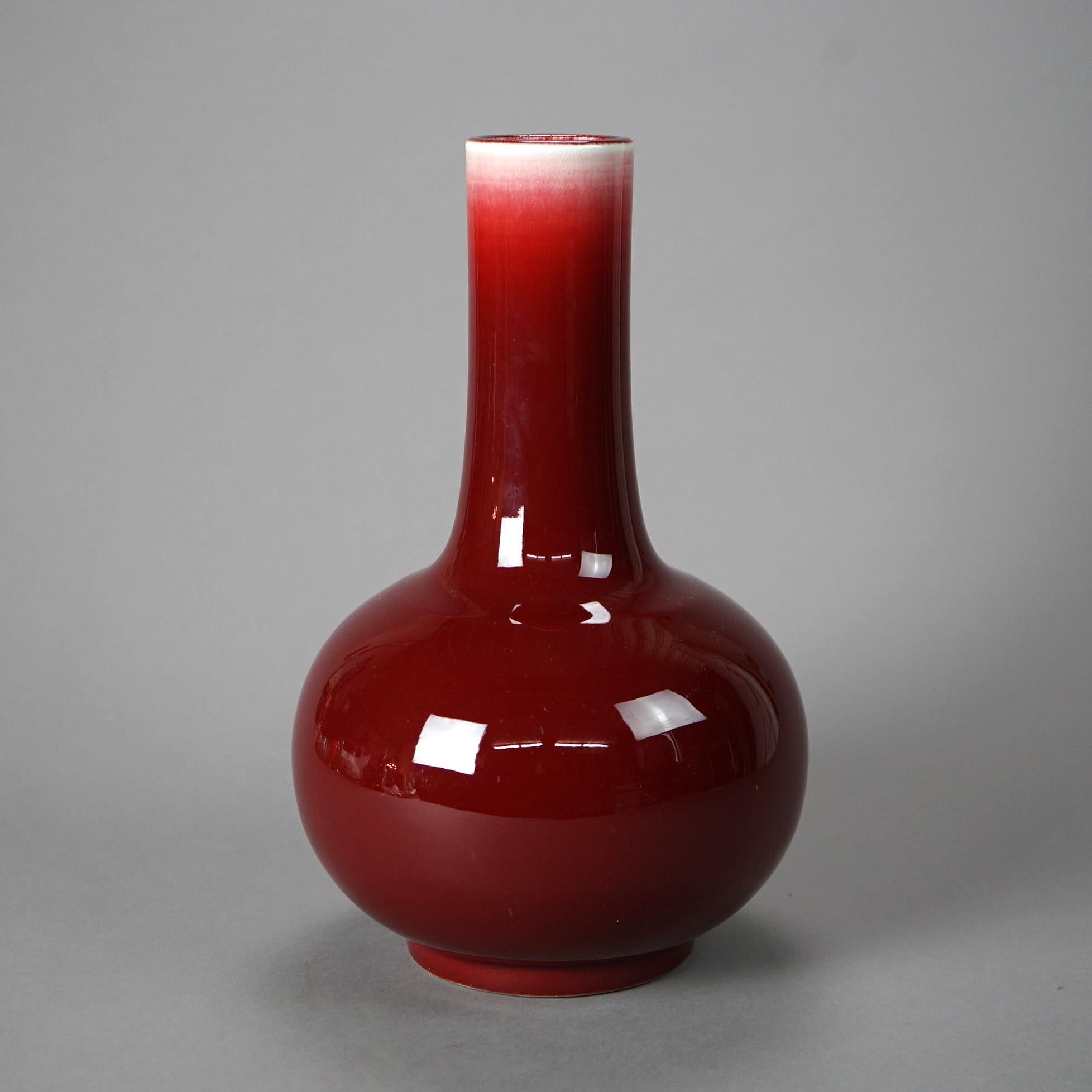 Chinese Red Flambé Pottery Bottle Vase, Signed, 20th C In Good Condition For Sale In Big Flats, NY