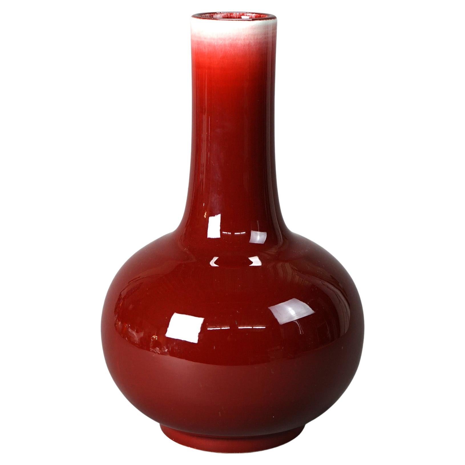 Chinese Red Flambé Pottery Bottle Vase, Signed, 20th C For Sale
