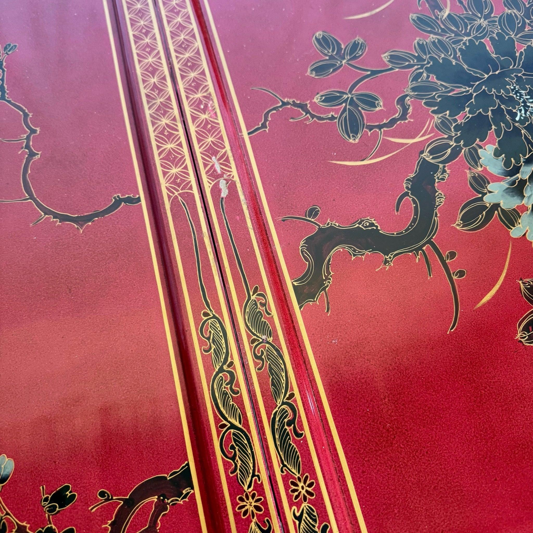 Chinese Red & Gold Lacquered Hand Painted Extendable Dining Table With Glass Top For Sale 5