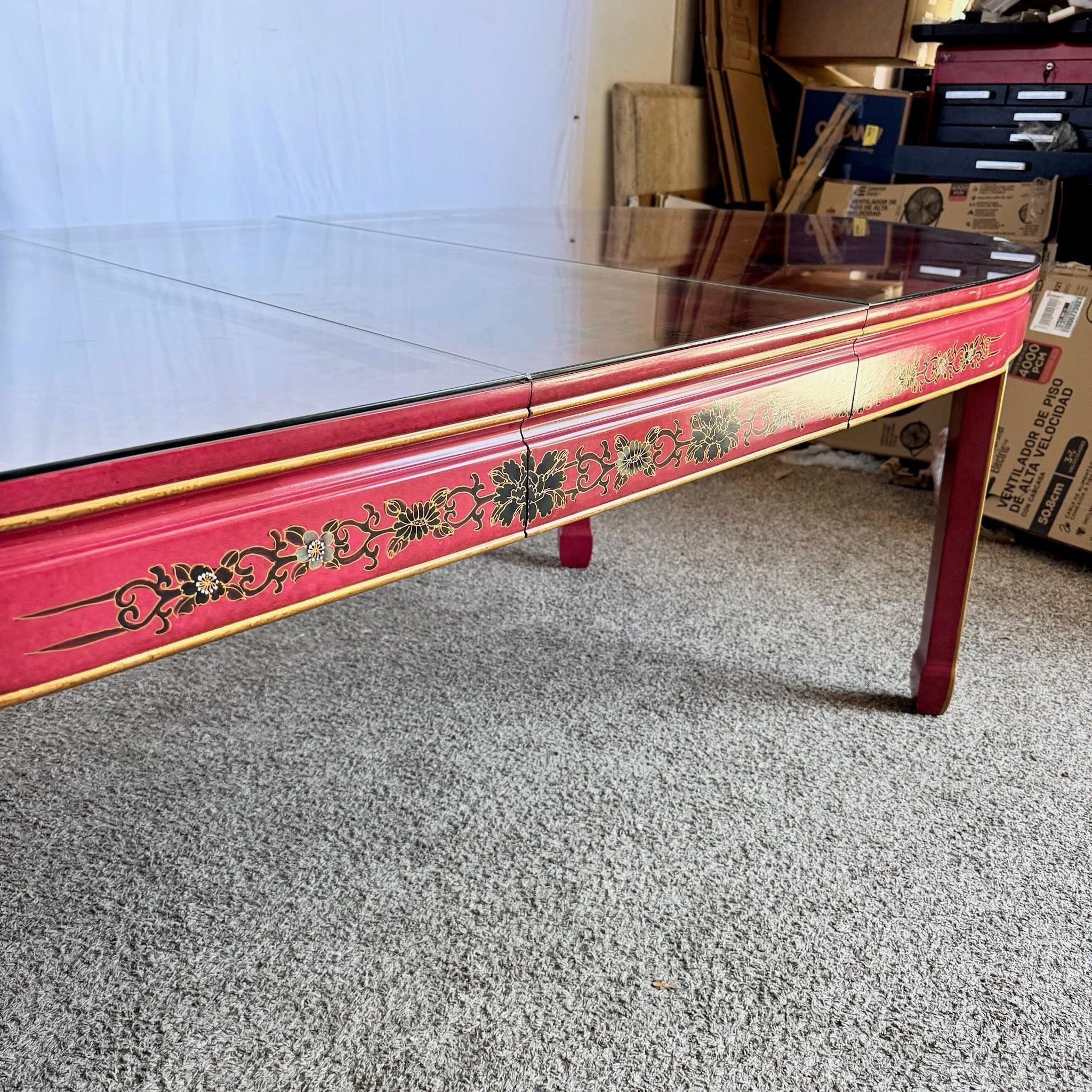 Chinese Red & Gold Lacquered Hand Painted Extendable Dining Table With Glass Top For Sale 6