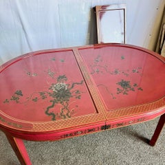 Chinese Red & Gold Lacquered Hand Painted Extendable Dining Table With Glass Top