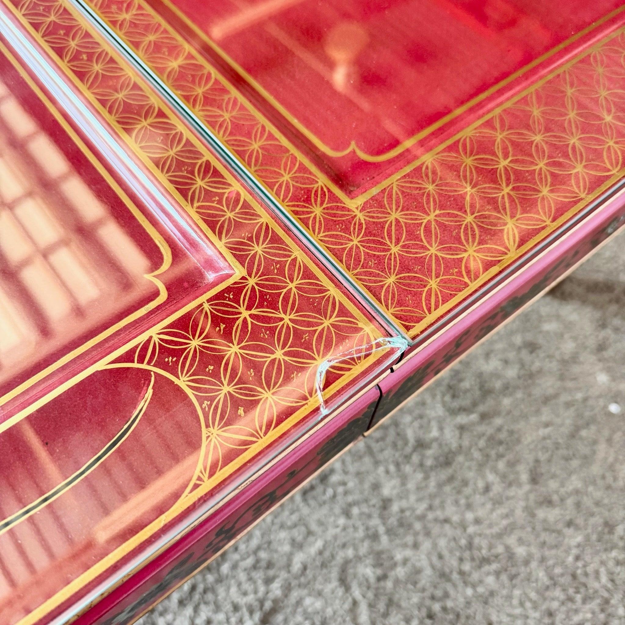 Late 20th Century Chinese Red & Gold Lacquered Hand Painted Extendable Dining Table With Glass Top For Sale