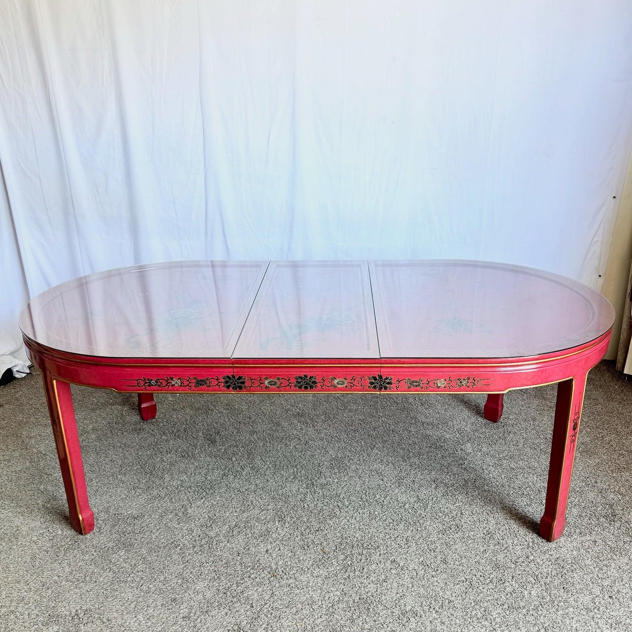 Wood Chinese Red & Gold Lacquered Hand Painted Extendable Dining Table With Glass Top For Sale