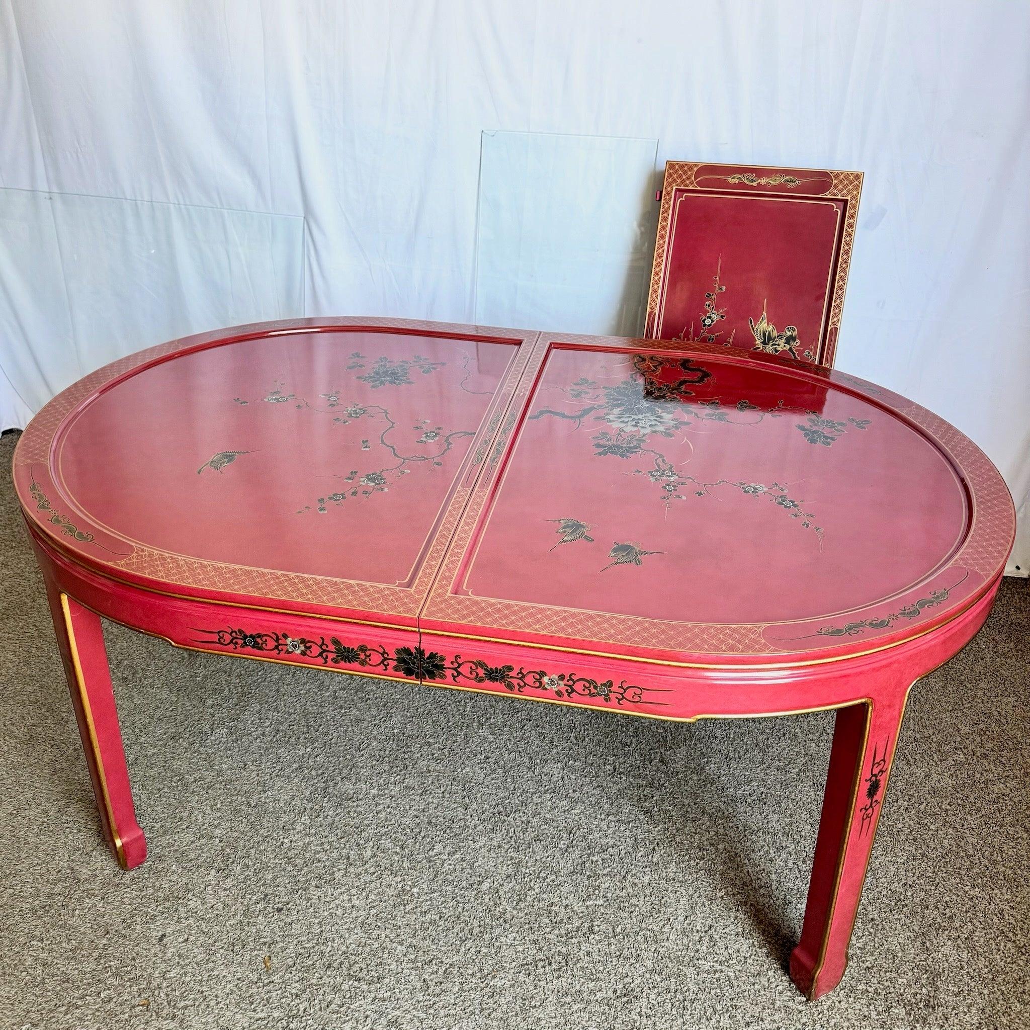 Chinese Red & Gold Lacquered Hand Painted Extendable Dining Table With Glass Top For Sale 1