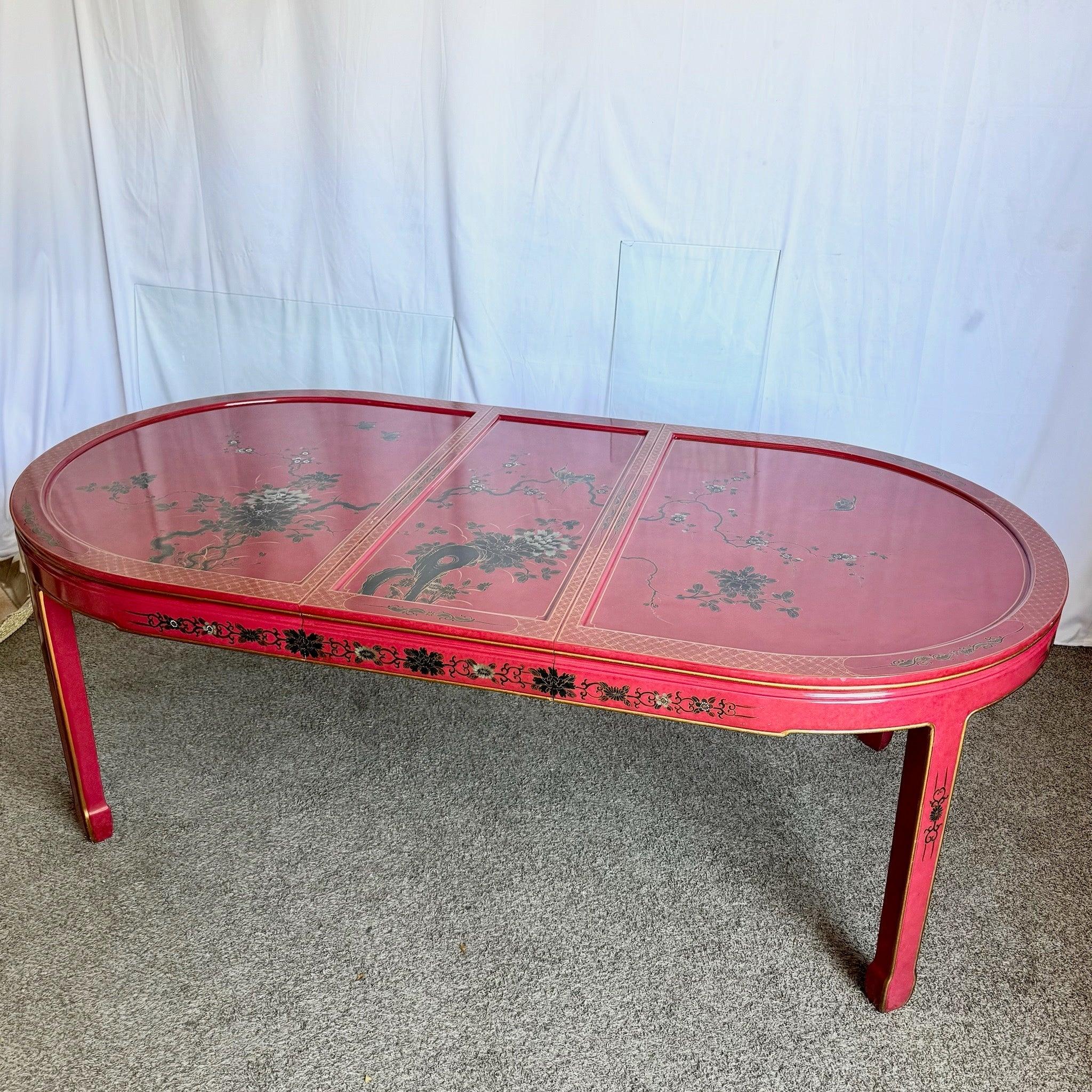 Chinese Red & Gold Lacquered Hand Painted Extendable Dining Table With Glass Top For Sale 2