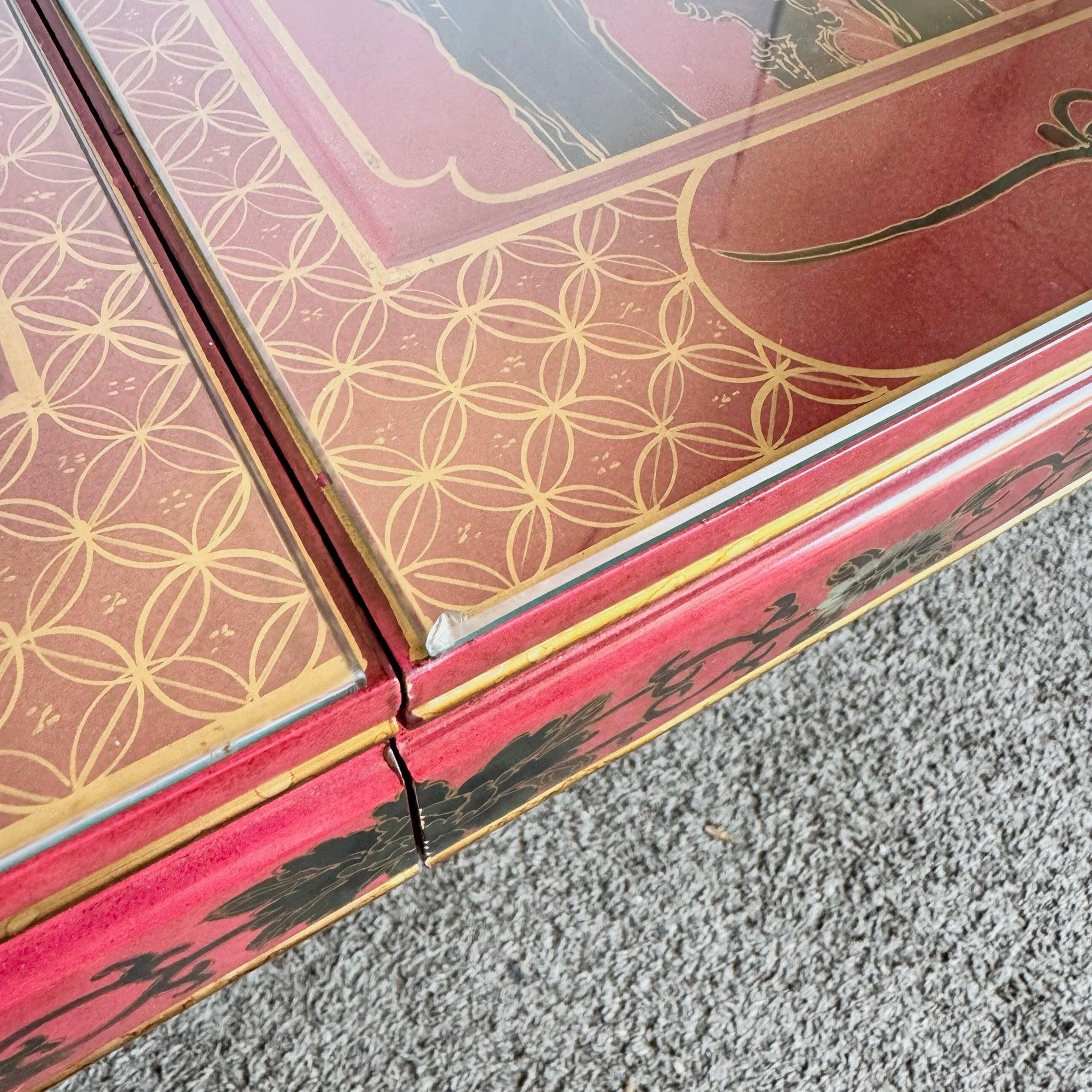 Chinese Red & Gold Lacquered Hand Painted Extendable Dining Table With Glass Top For Sale 3