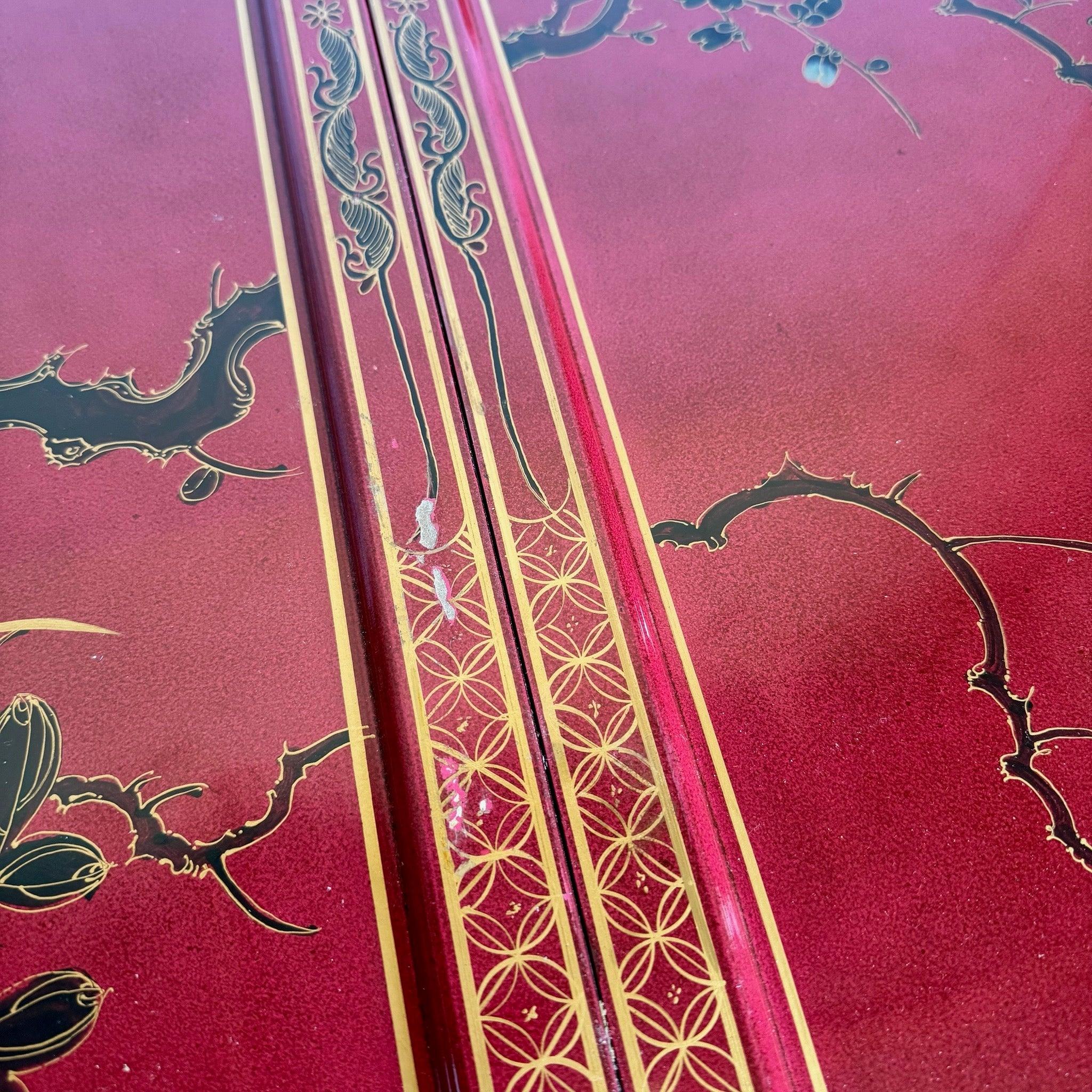 Chinese Red & Gold Lacquered Hand Painted Extendable Dining Table With Glass Top For Sale 4