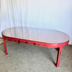 Chinese Red & Gold Lacquered Hand Painted Extendable Dining Table With Glass Top
