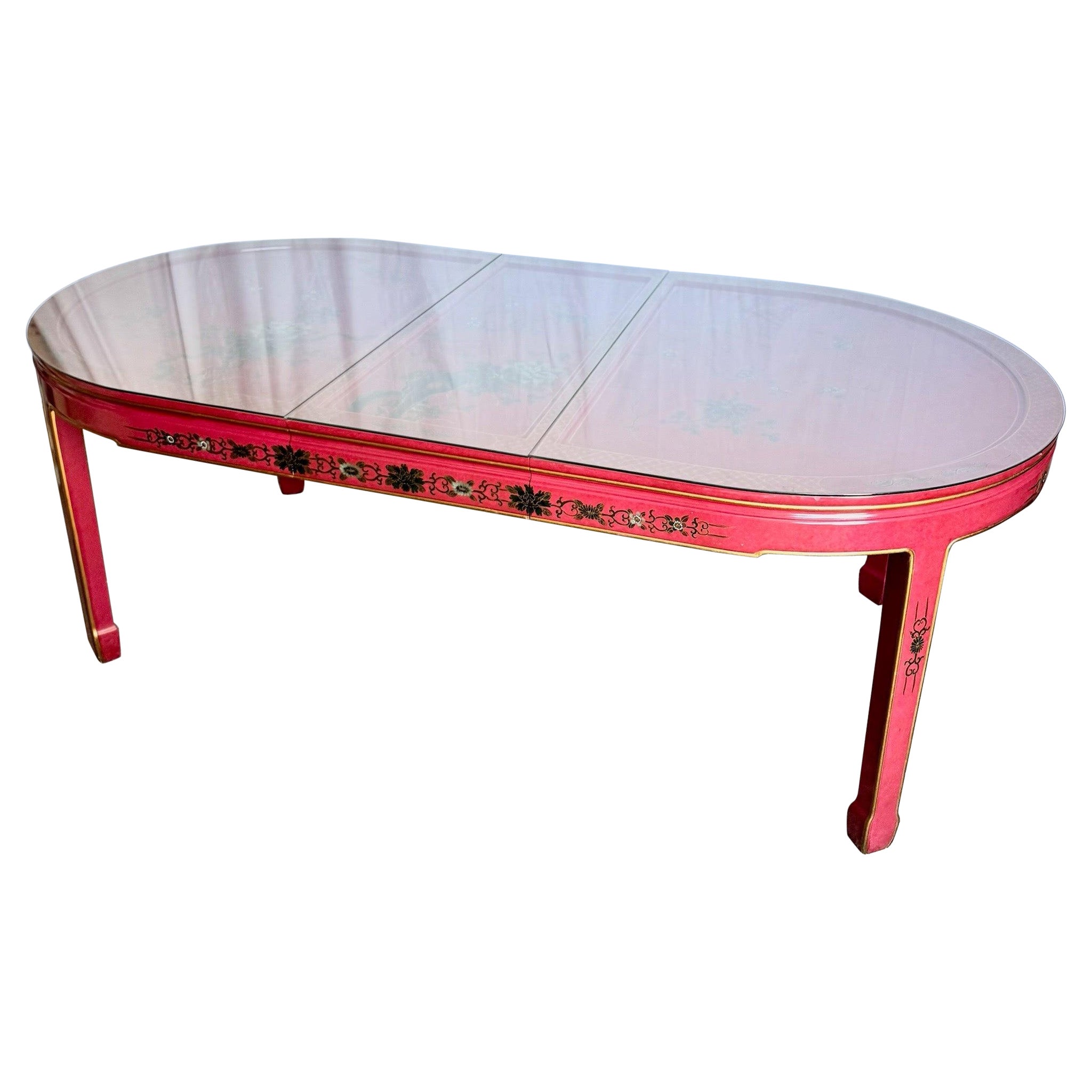Mesa de comedor extensible china lacada a mano en rojo y dorado con tapa de cristal en venta