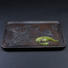 Chinese Red Huali Wood Tray with Jade Inlay Lotus & Fish Motif