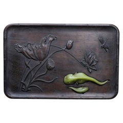 Chinese Red Huali Wood Tray with Jade Inlay Lotus & Fish Motif