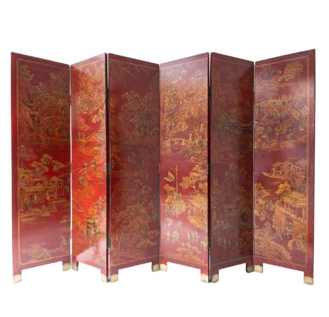 Chinese Red Lacquer 6 Panel Painted & Gilt decorated Screen.