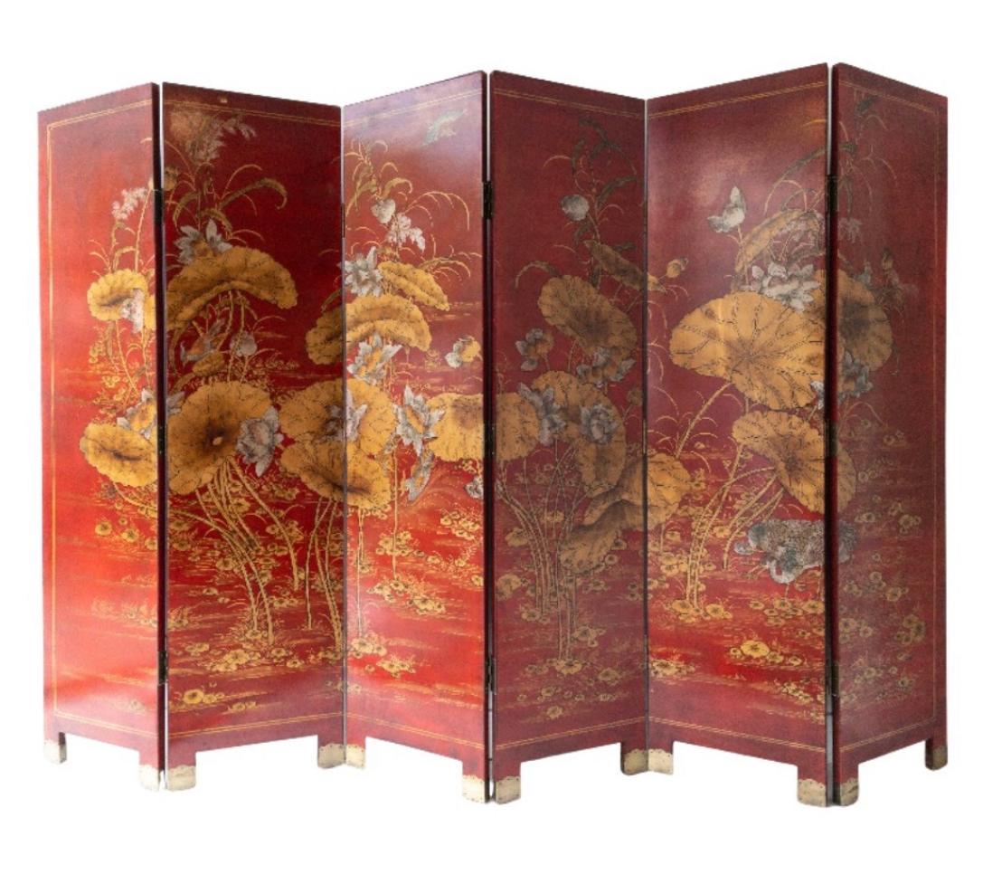Chinoiserie Chinese Red Lacquer 6 Panel Painted & Gilt Decorated Screen