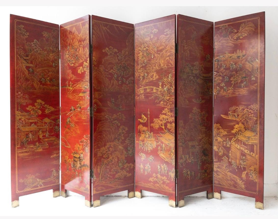 Chinese Red Lacquer 6 Panel Painted & Gilt Decorated Screen In Good Condition In Huntington, NY