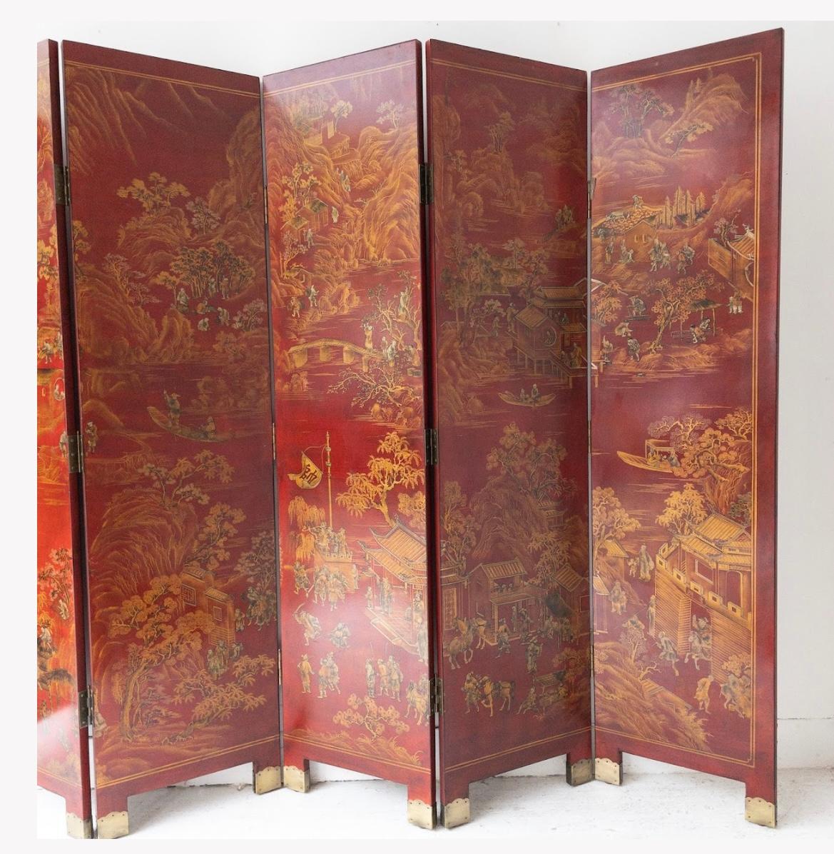 Late 20th Century Chinese Red Lacquer 6 Panel Painted & Gilt Decorated Screen