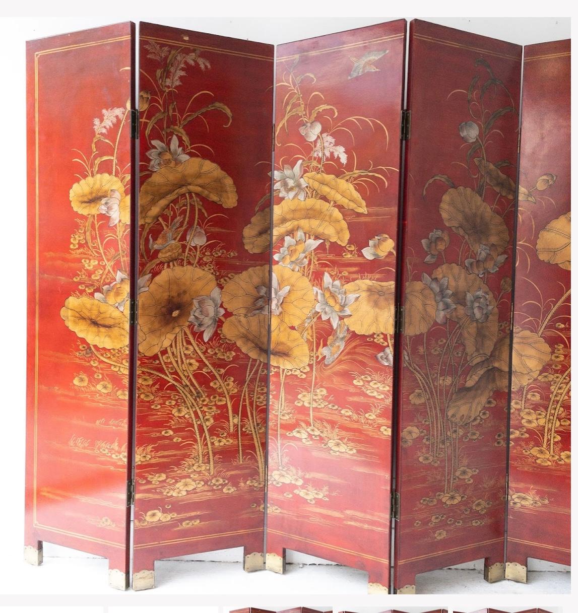 Wood Chinese Red Lacquer 6 Panel Painted & Gilt Decorated Screen