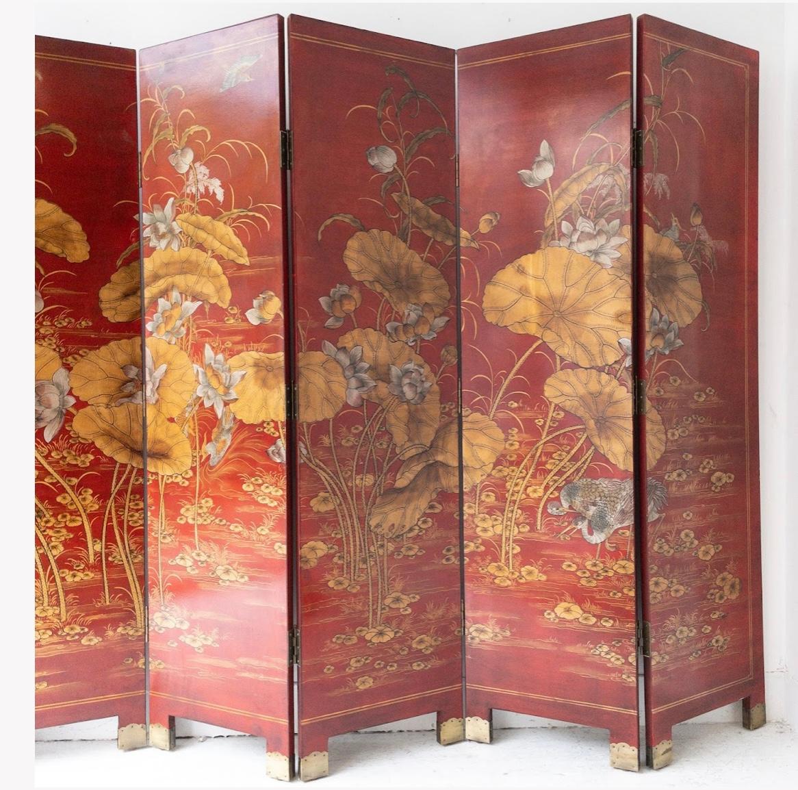 Chinese Red Lacquer 6 Panel Painted & Gilt Decorated Screen 1
