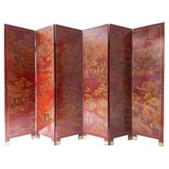 Chinese Red Lacquer 6 Panel Painted & Gilt Decorated Screen