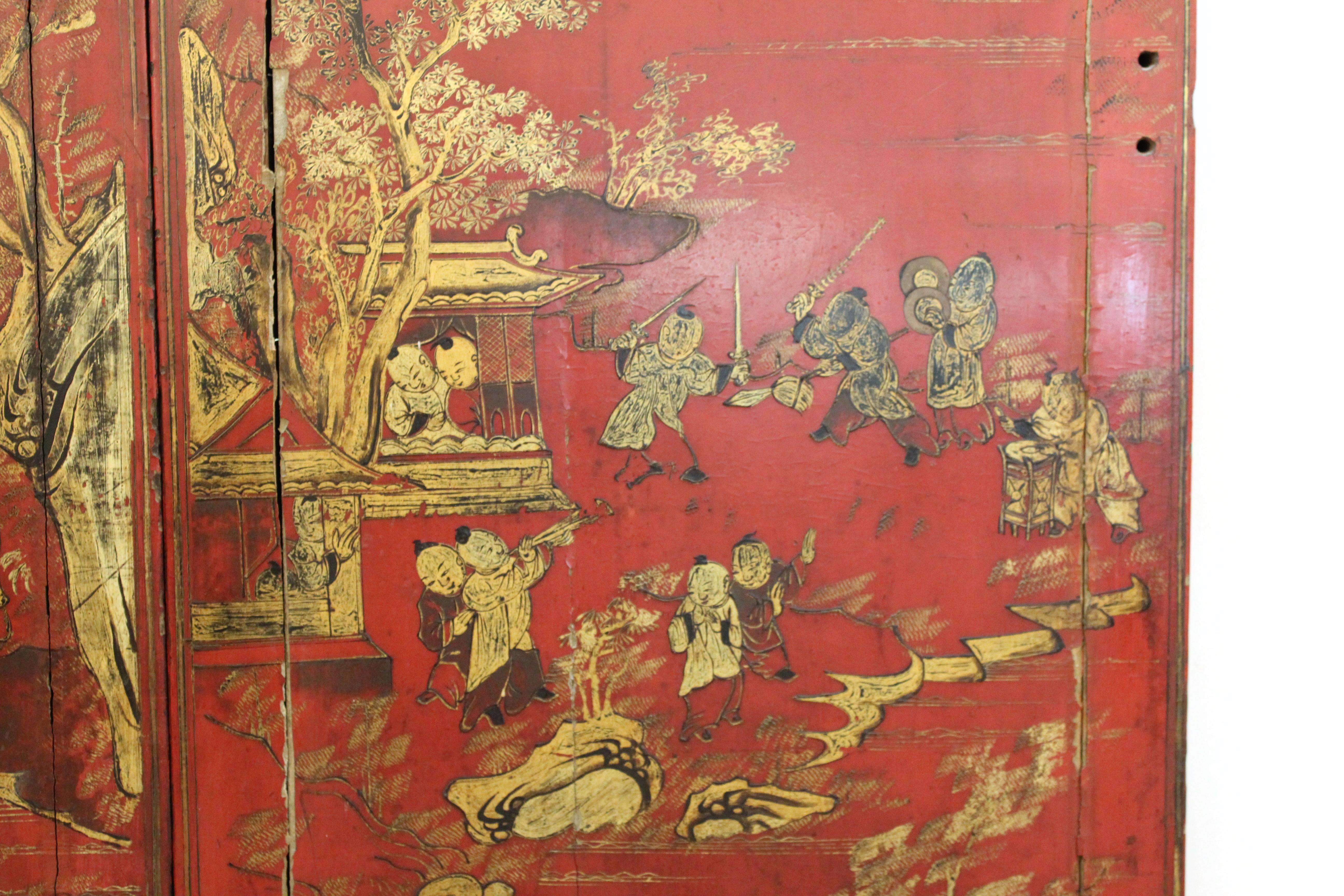 Lacquered Chinese Red Lacquer and Gilt Decor Door Panels