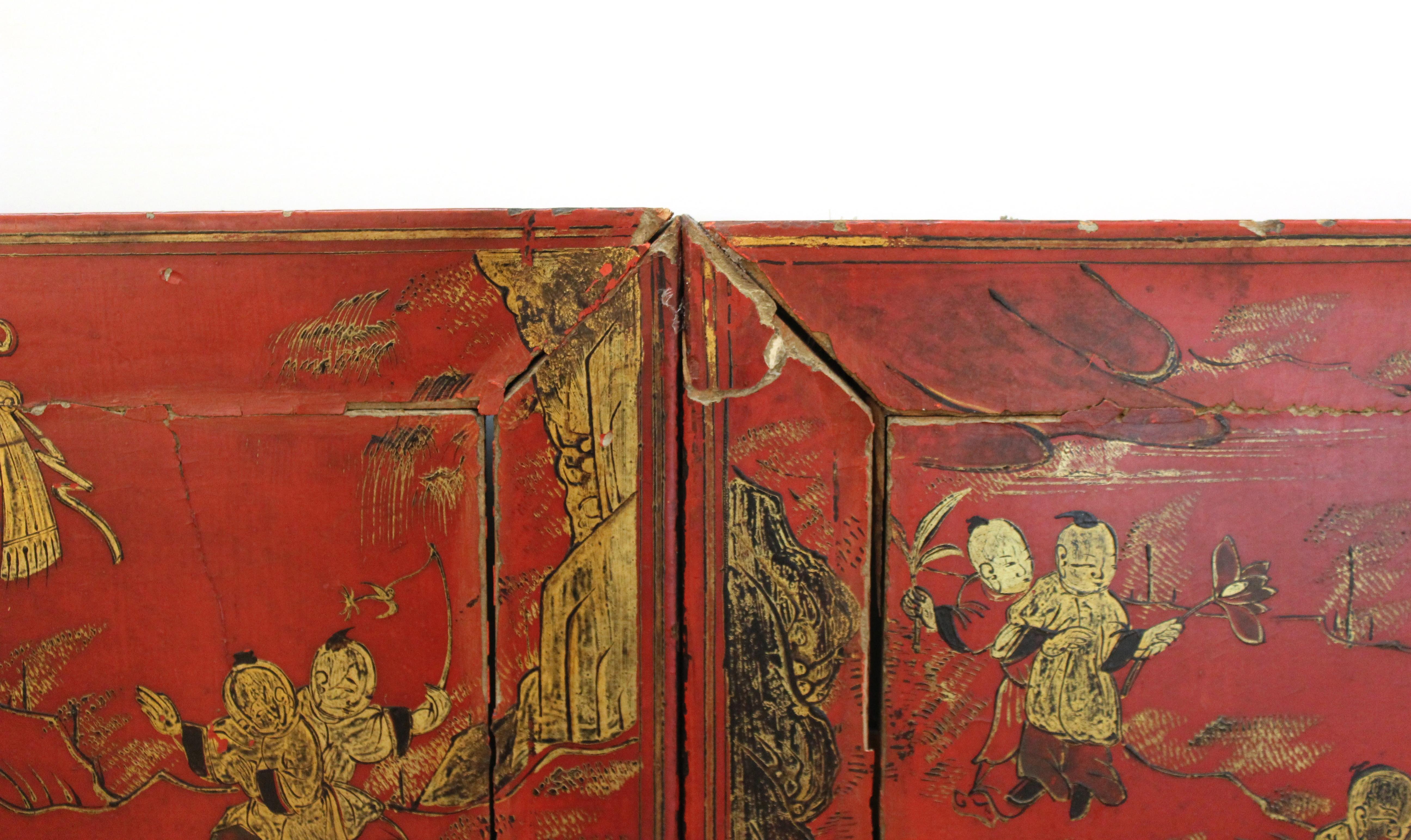 Wood Chinese Red Lacquer and Gilt Decor Door Panels
