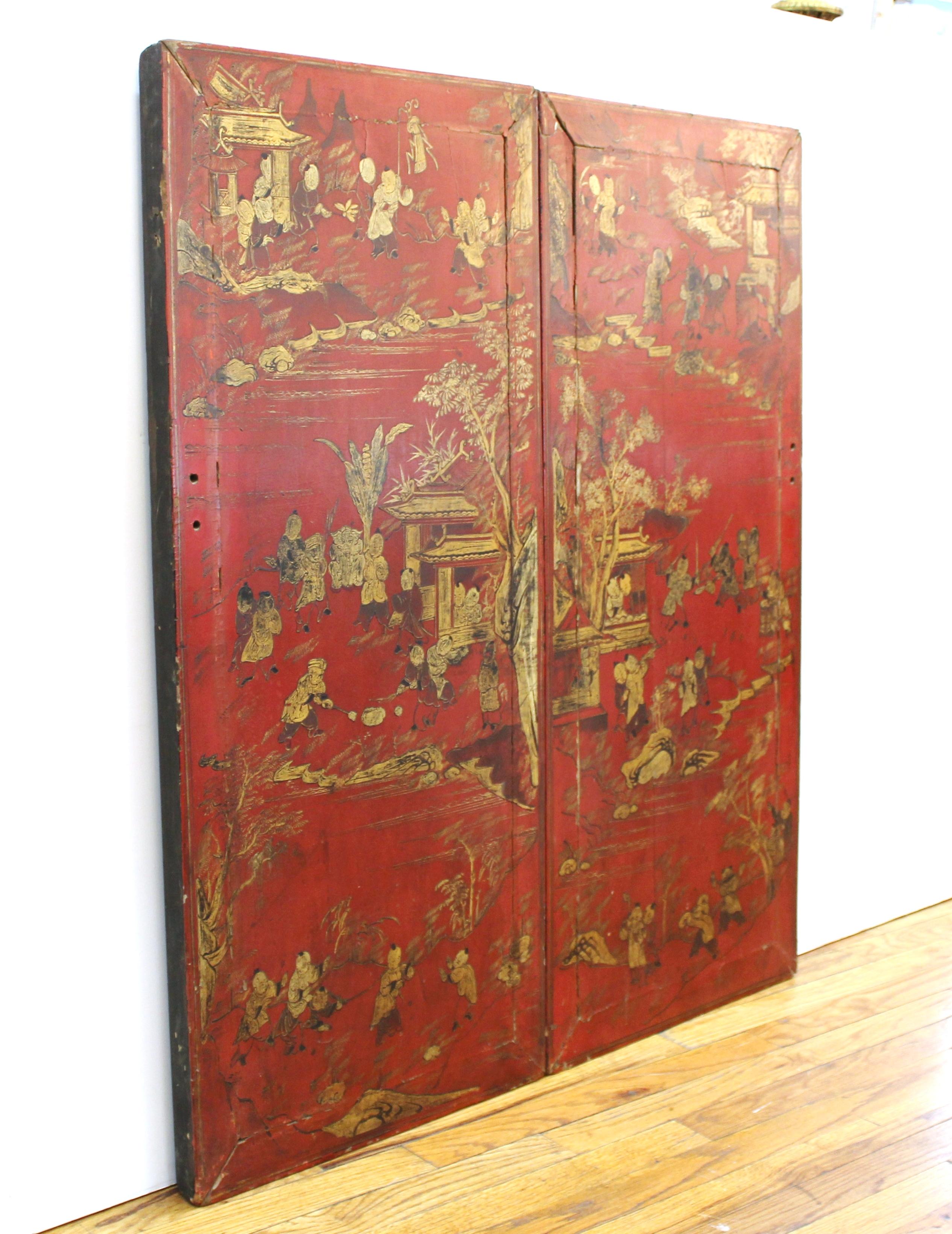 Chinese Red Lacquer and Gilt Decor Door Panels 1