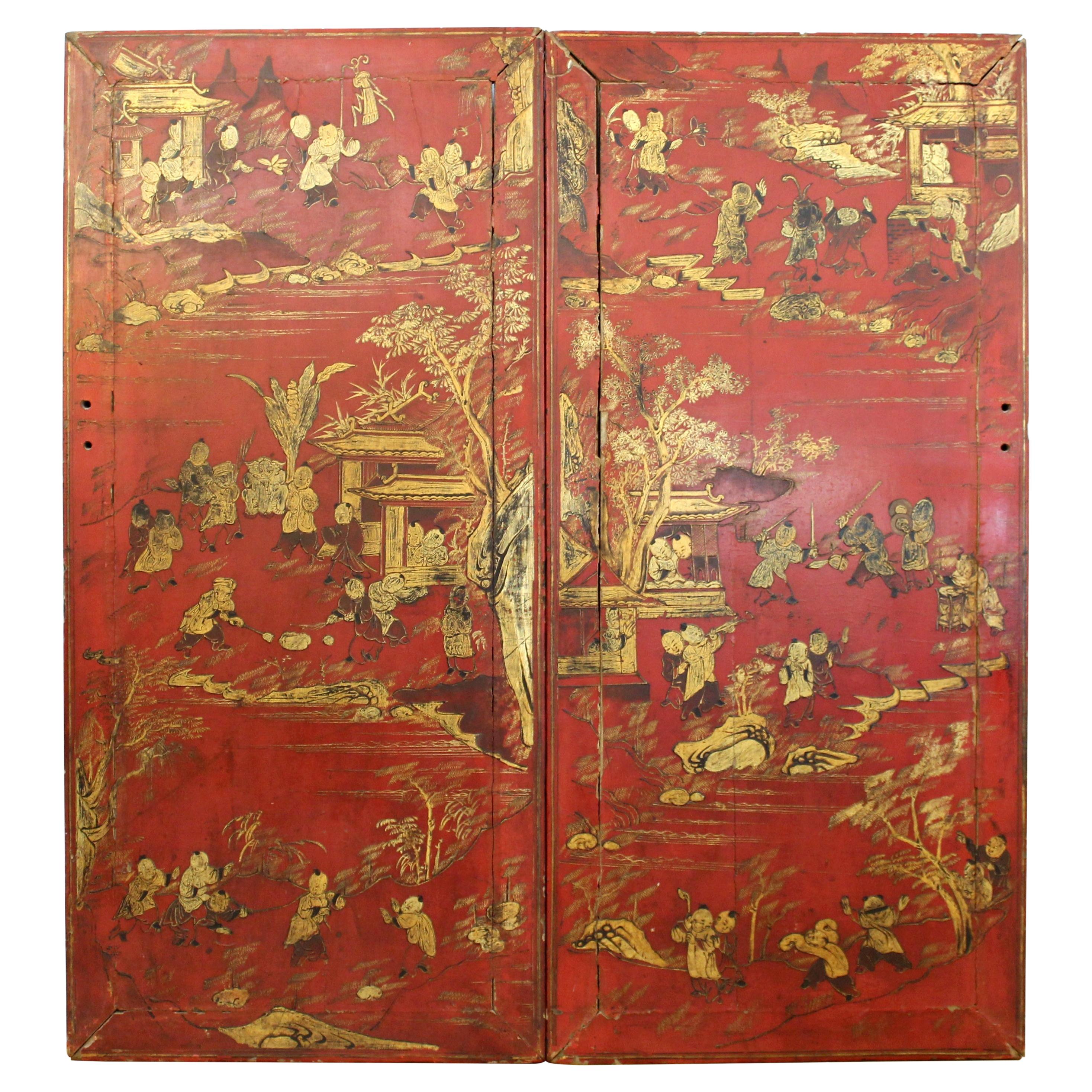 Chinese Red Lacquer and Gilt Decor Door Panels