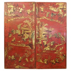 Chinese Red Lacquer and Gilt Decor Door Panels