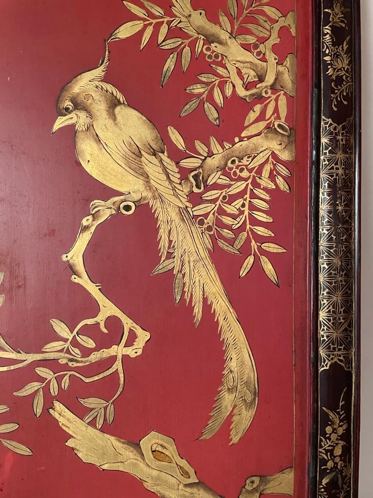 Chinese Red Lacquer and Gilt Panel with Bird in a Tree, Black and Gilt Frame 3