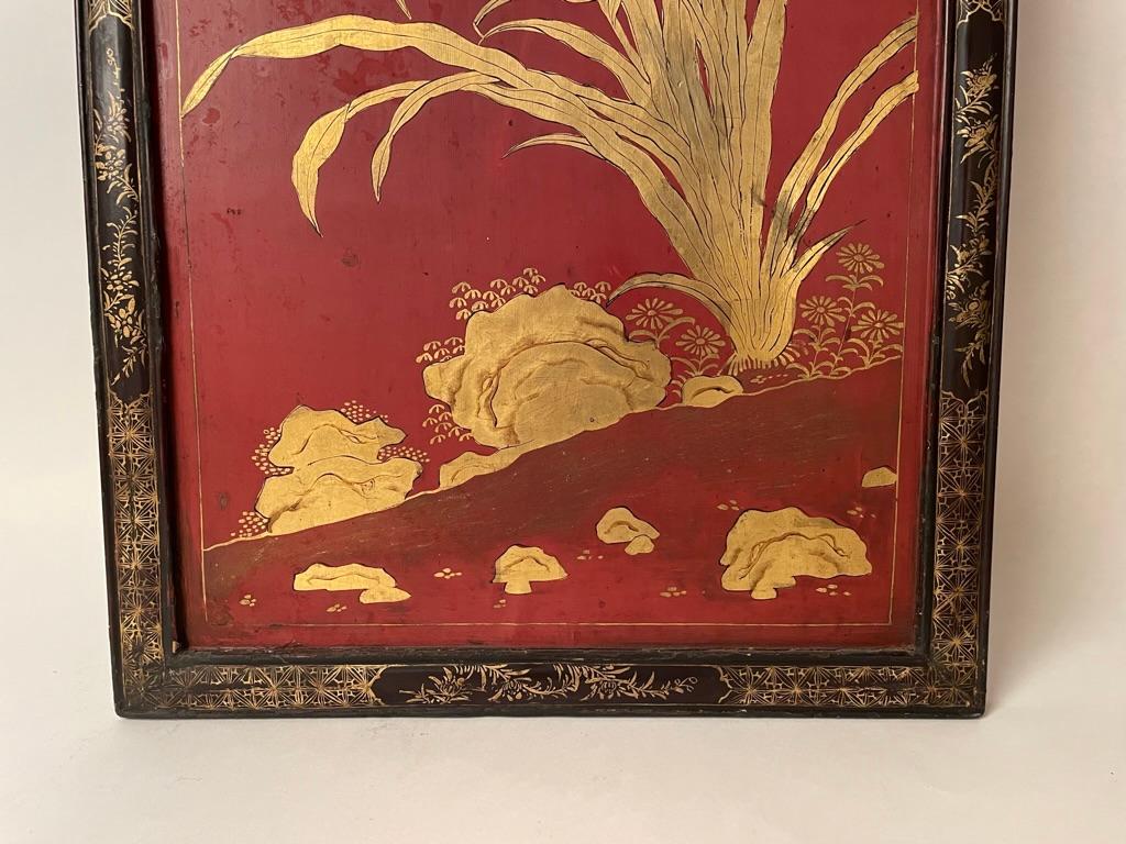 Chinese Red Lacquer and Gilt Panel with Bird in a Tree, Black and Gilt Frame 4