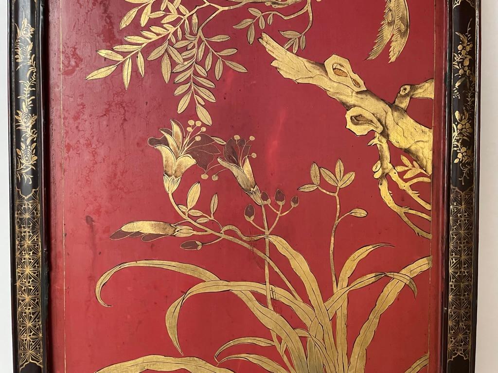 Chinese Red Lacquer and Gilt Panel with Bird in a Tree, Black and Gilt Frame 5