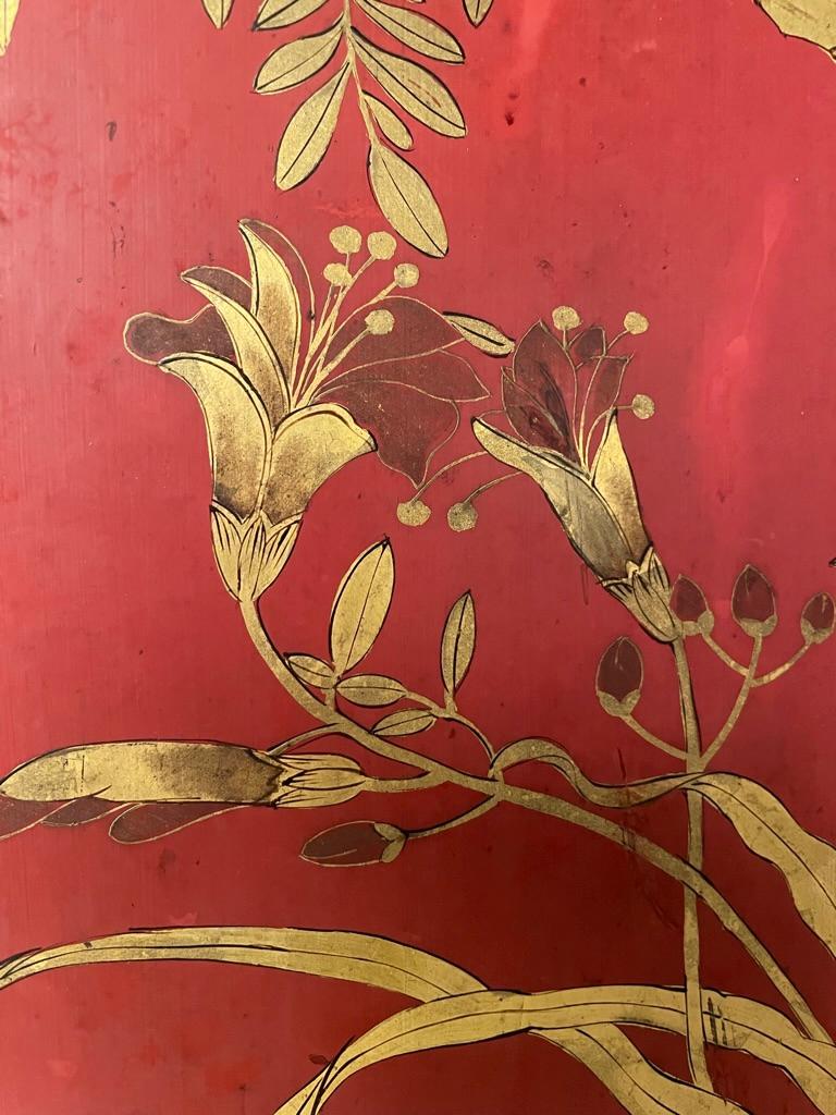 Chinese Red Lacquer and Gilt Panel with Bird in a Tree, Black and Gilt Frame 6