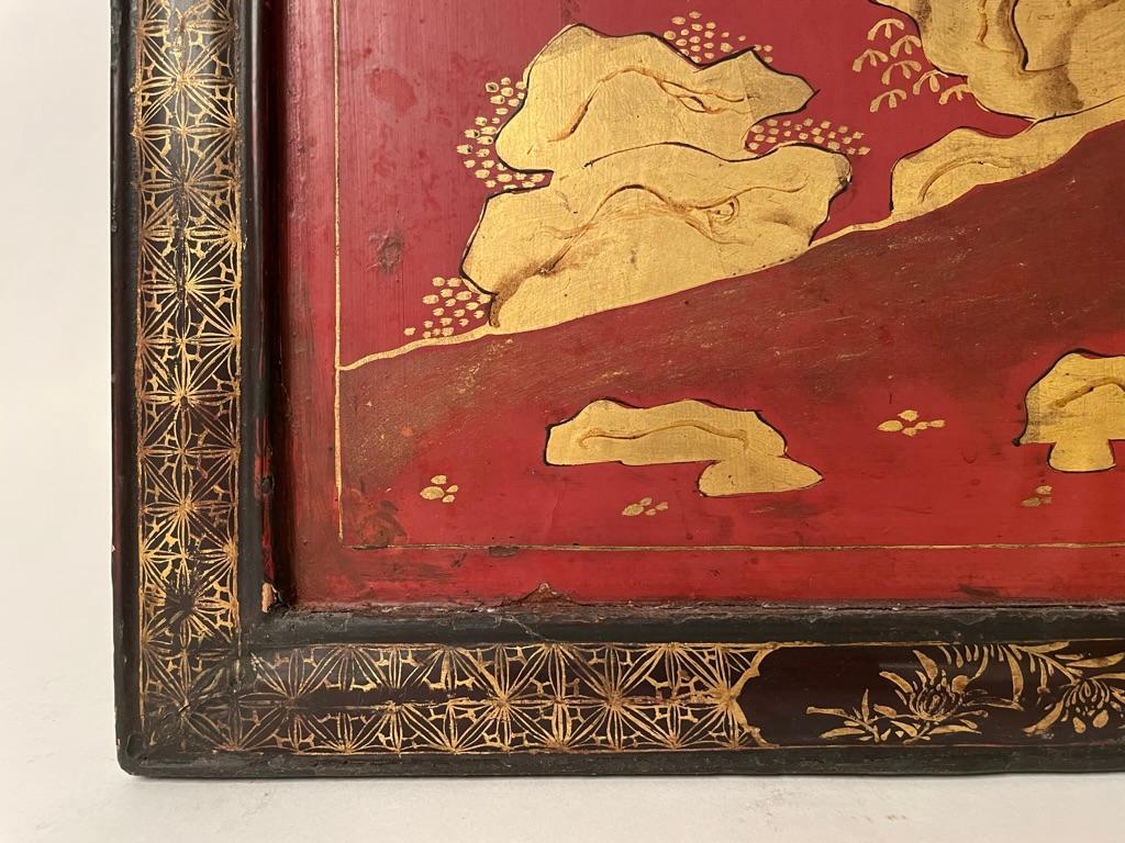 Chinese Red Lacquer and Gilt Panel with Bird in a Tree, Black and Gilt Frame 7