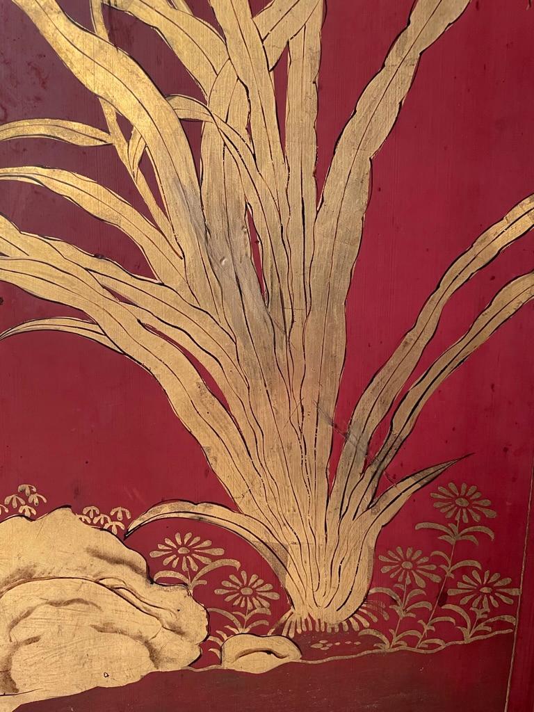 Chinese Red Lacquer and Gilt Panel with Bird in a Tree, Black and Gilt Frame 8