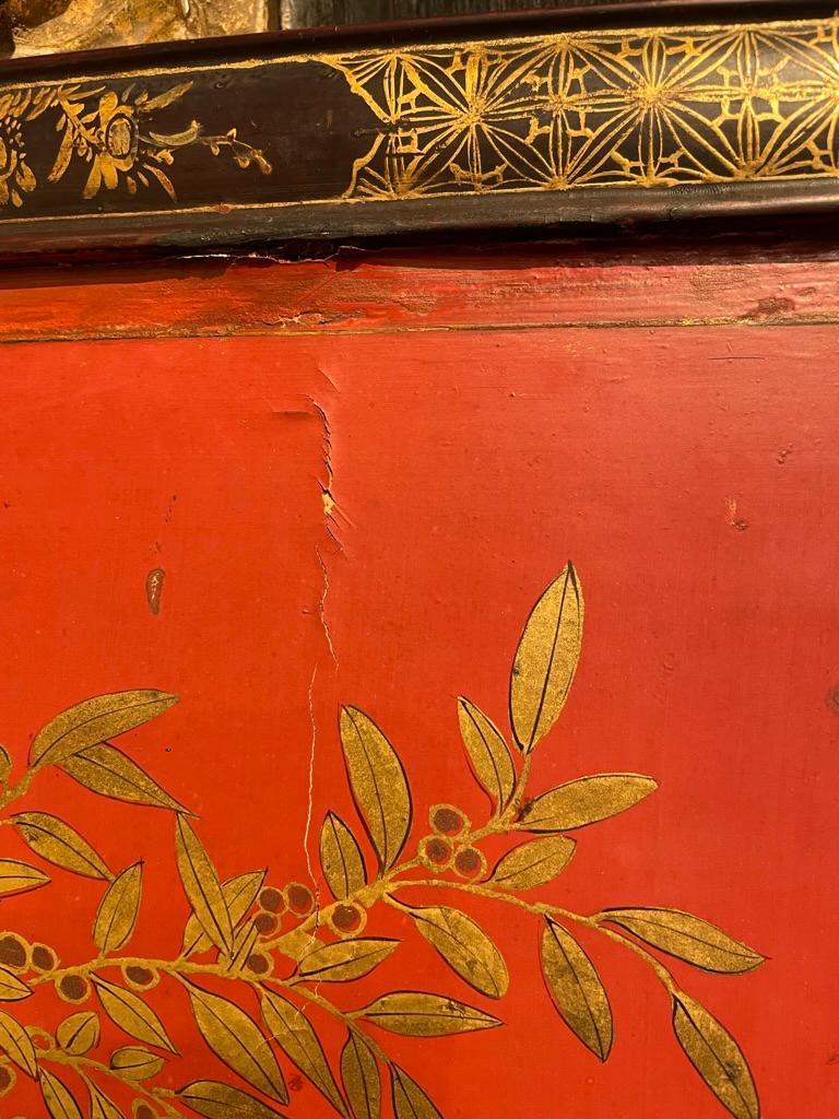 Chinese Red Lacquer and Gilt Panel with Bird in a Tree, Black and Gilt Frame 9
