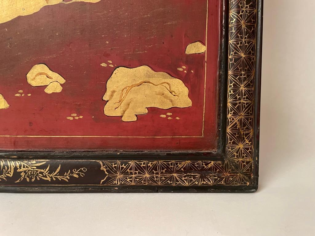Chinese Red Lacquer and Gilt Panel with Bird in a Tree, Black and Gilt Frame 11